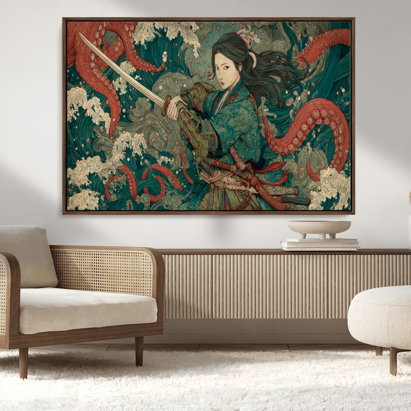 35461724-MGV-CV-36X24-Samurai Woman vs Octopus Wall Art – Japanese Ukiyo-e Ocean Waves Canvas Print, Red Tentacle Battle Artwork for Living Room,