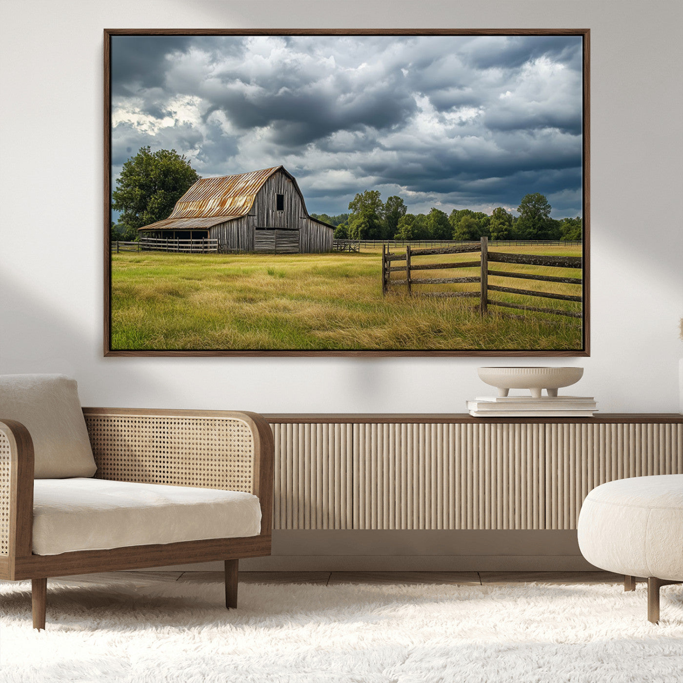39409517-MGV-CV-36X24-Rustic Barn Wall Art – Weathered Farmhouse and Storm Clouds Canvas Print, Country Landscape Photography Decor for Bedroom, Living