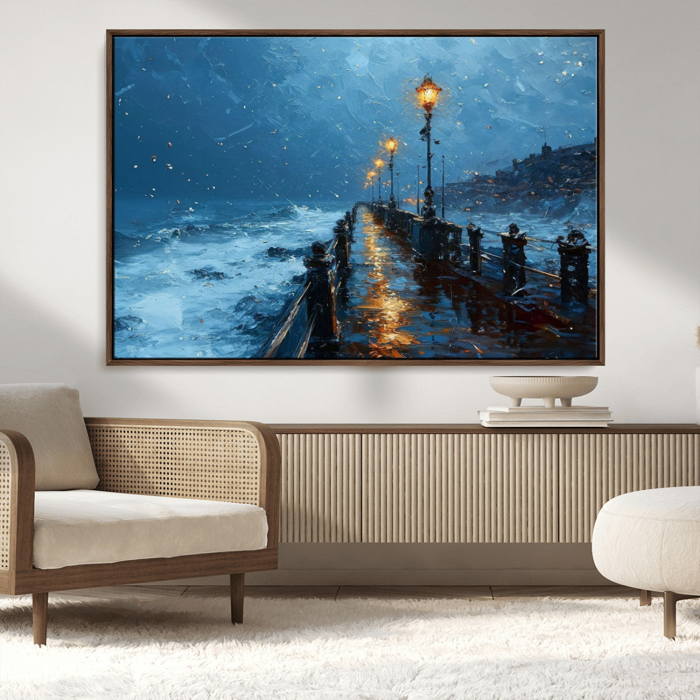 93793246-MGV-CV-36X24-Stormy Night Pier Canvas Wall Art – Moody Ocean Landscape with Lights, Blue Coastal Seascape Print for Bedroom, Living Room,