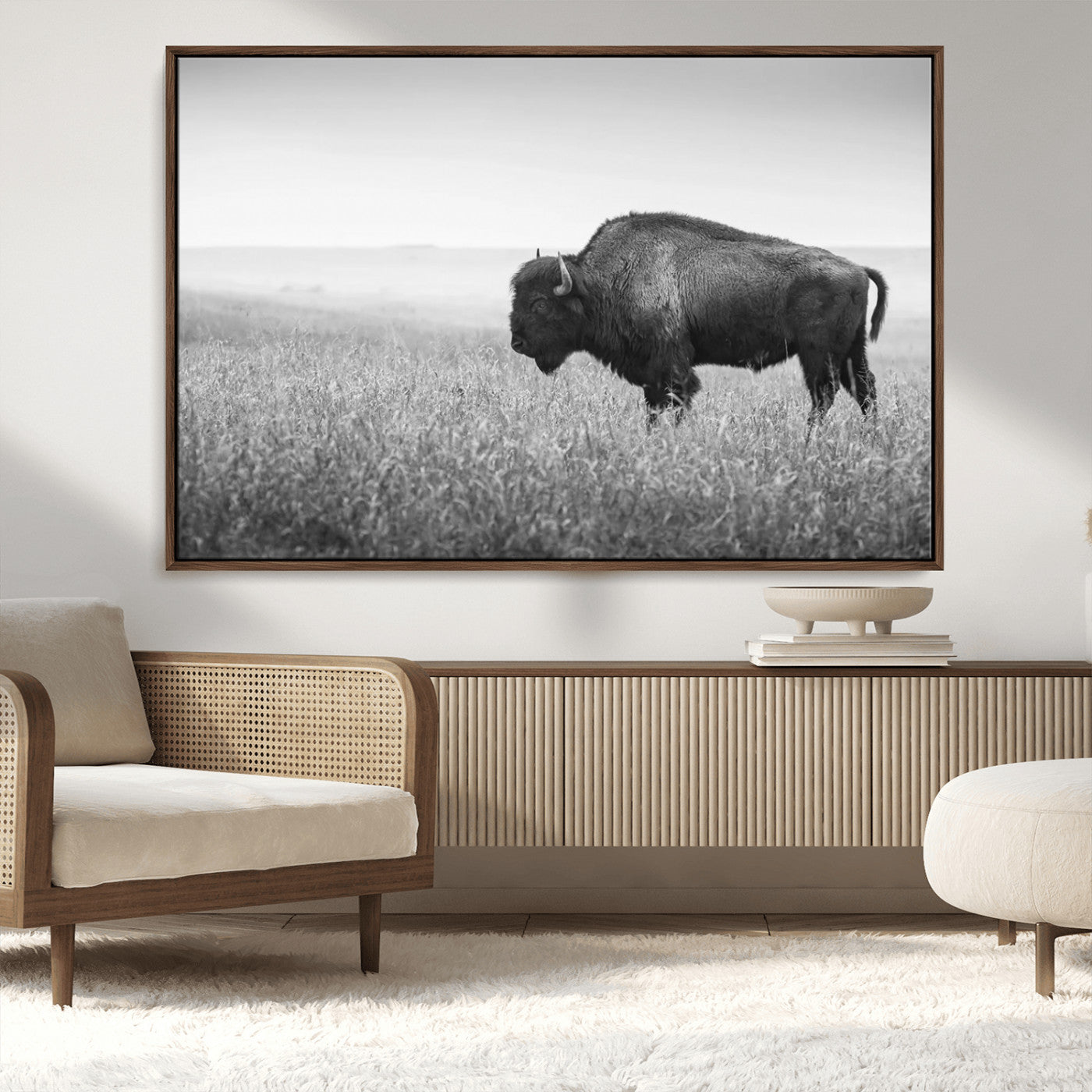 90861202-MGV-FC-36X24_Walnut-Black and White Bison Canvas Wall Art – Rustic American Buffalo Print, Western Wildlife Photography for Farmhouse, Cabin, Office