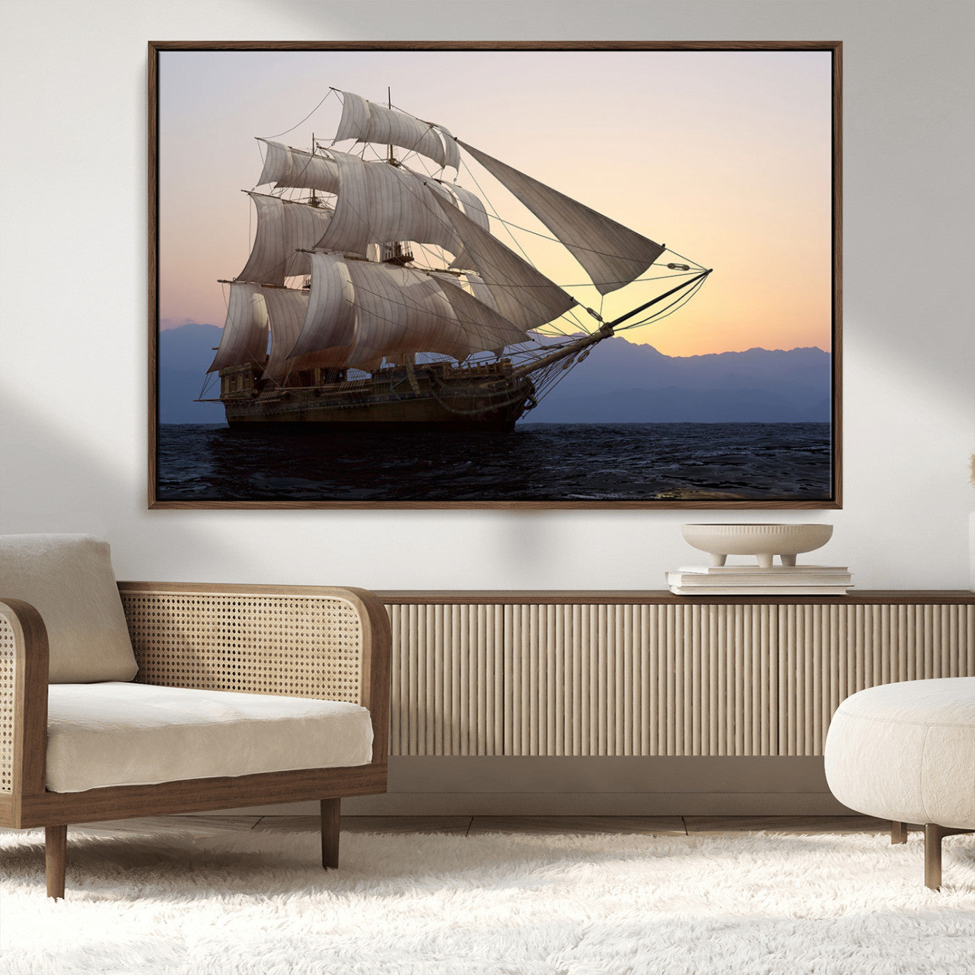 99957679-MGV-CV-36X24-Majestic Sailing Ship Wall Art – Sunset Ocean Voyage, Classic Tall Ship with Wind Filled Sails Canvas Print for Home, Office,