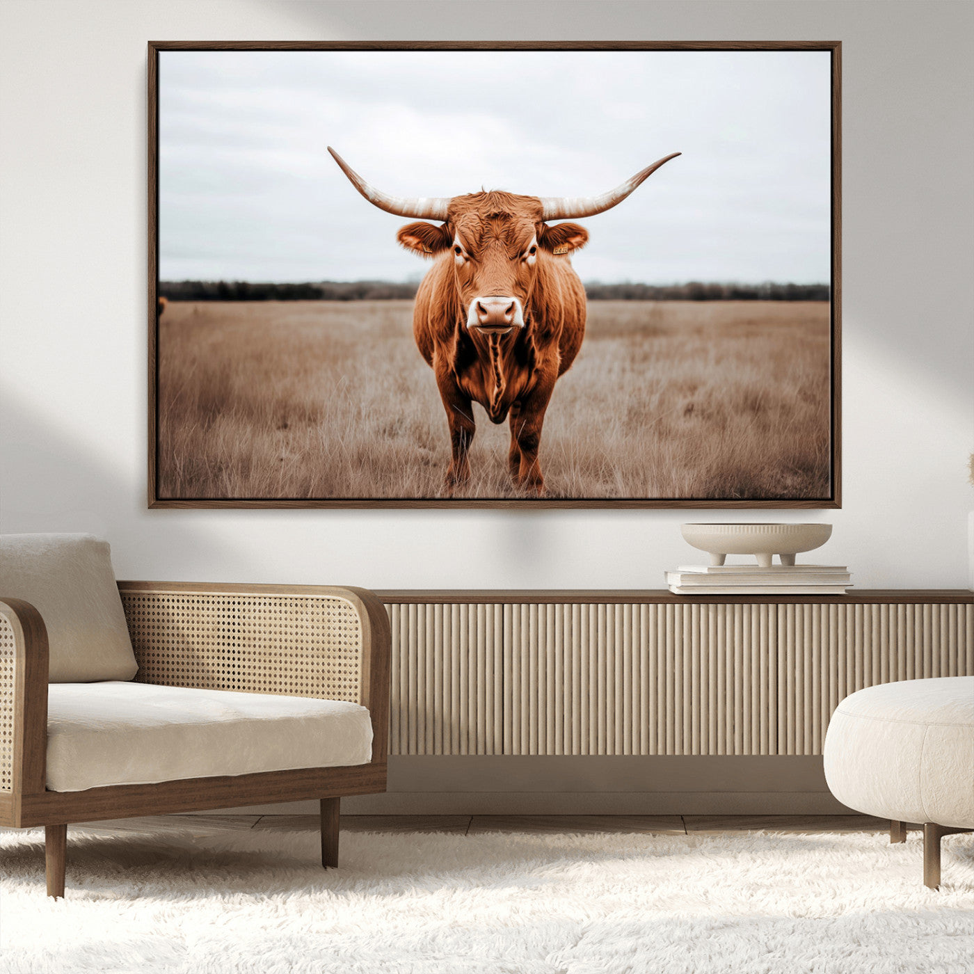 16316734-MGV-CV-36X24-Texas Longhorn Wall Art – Rustic Bull Portrait Canvas Print, Western Farmhouse Animal Photography Decor for Living Room, Office,