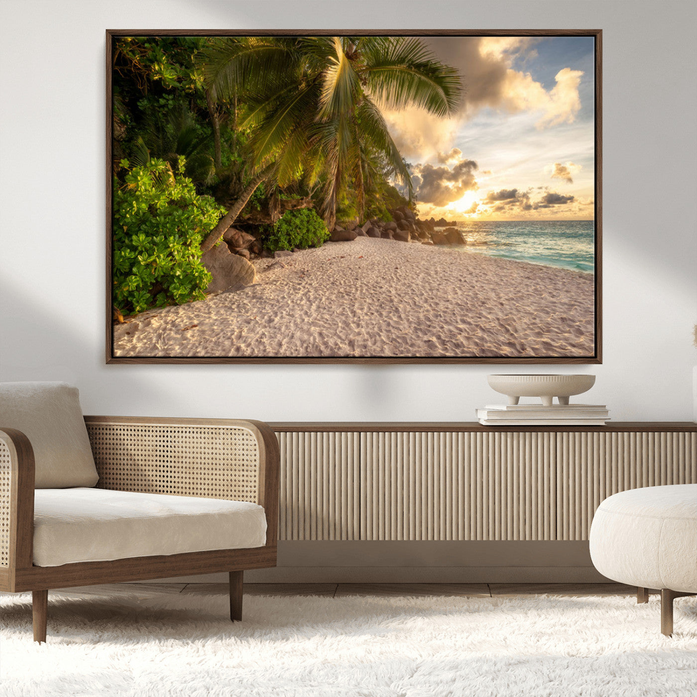 89531159-MGV-CV-36X24-Tropical Beach Sunset Canvas Wall Art – Palm Trees Golden Sand Ocean Waves Coastal Paradise Print for Beach House Bedroom Bathroom