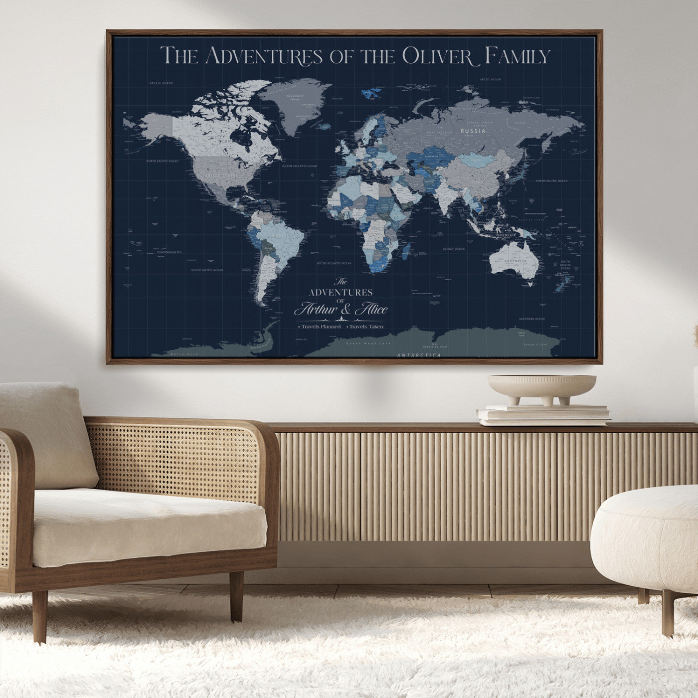 76726424-MGV-CV-36X24-Personalized World Map Wall Art – Navy Blue & Grey Adventure Travel Map with Custom Family or Couple Names, Modern Wall Decor for