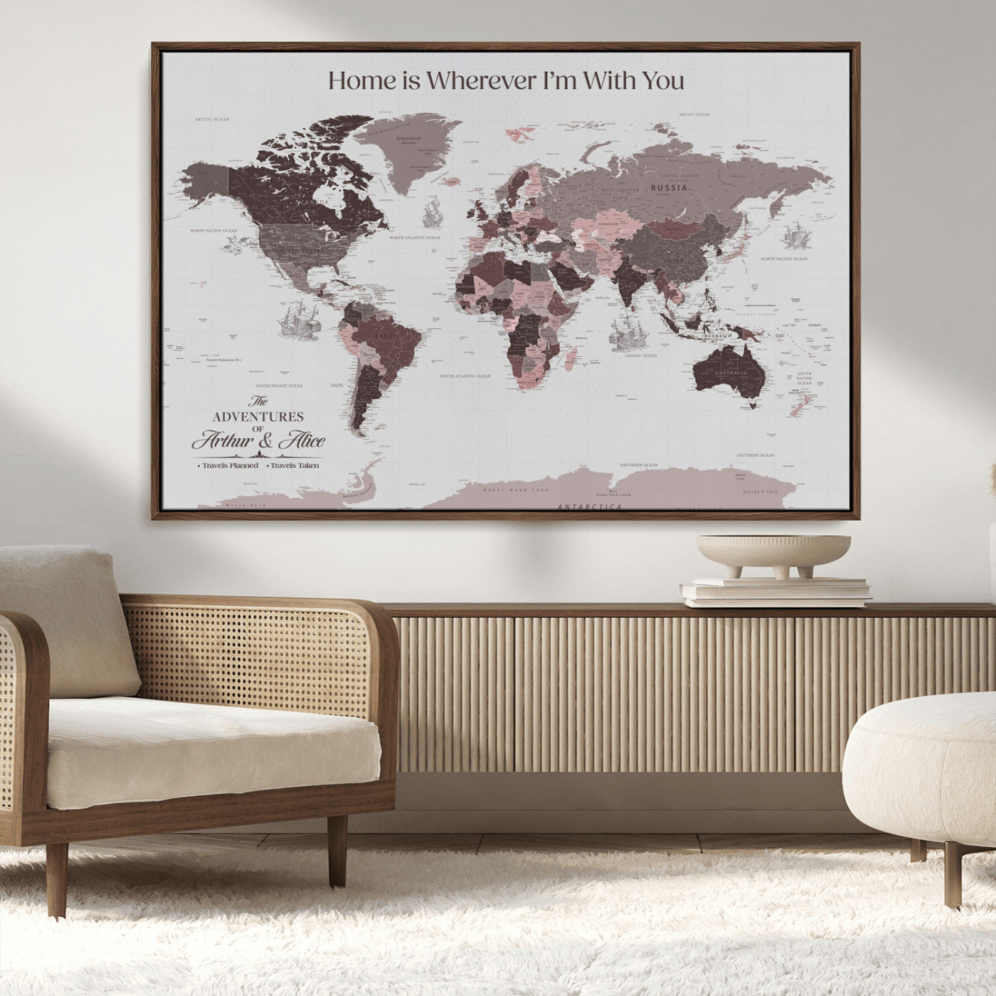 33204797-MGV-CV-36X24-Personalized World Map Wall Art – Burgundy & Grey Adventure Travel Map with Custom Names, Romantic Wall Decor for Couples, Home or