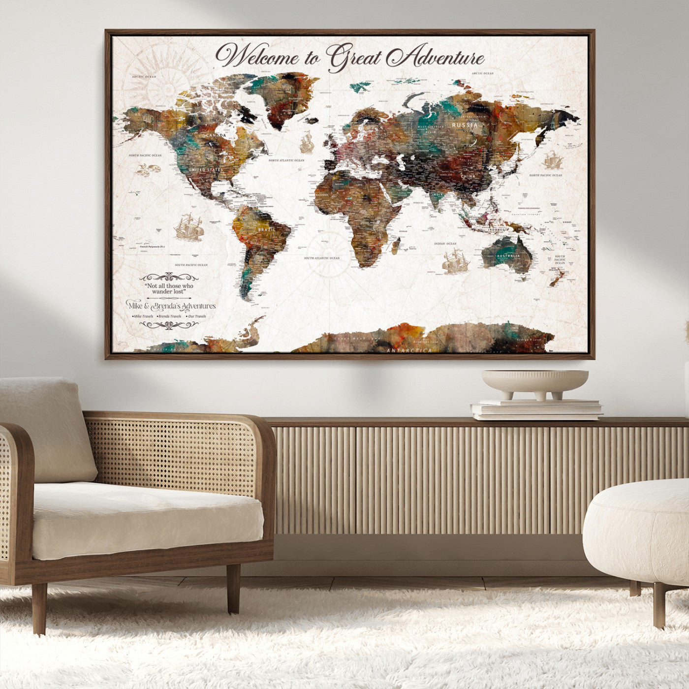 67029173-MGV-CV-36X24-Personalized World Map Wall Art – Colorful Vintage Adventure Travel Map with Custom Couple Names, Rustic Wall Decor for Home,