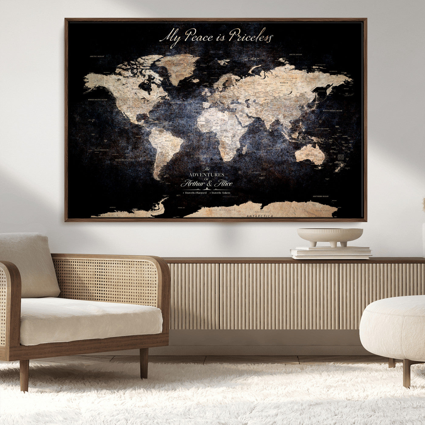 51488142-MGV-CV-36X24-Personalized World Map Wall Art – Dark Rustic Adventure Travel Map with Custom Names, Vintage Wall Decor for Couples, Families or