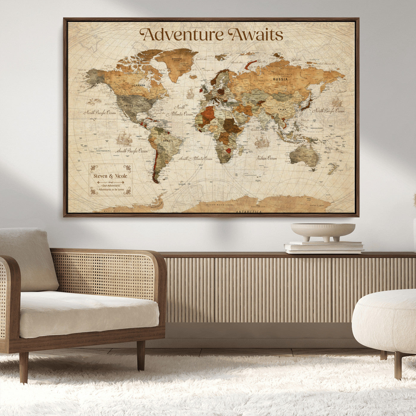 18685073-MGV-CV-36X24-Personalized World Map Wall Art – Antique Vintage Parchment Adventure Awaits Travel Map with Custom Couple Names, Rustic Wall