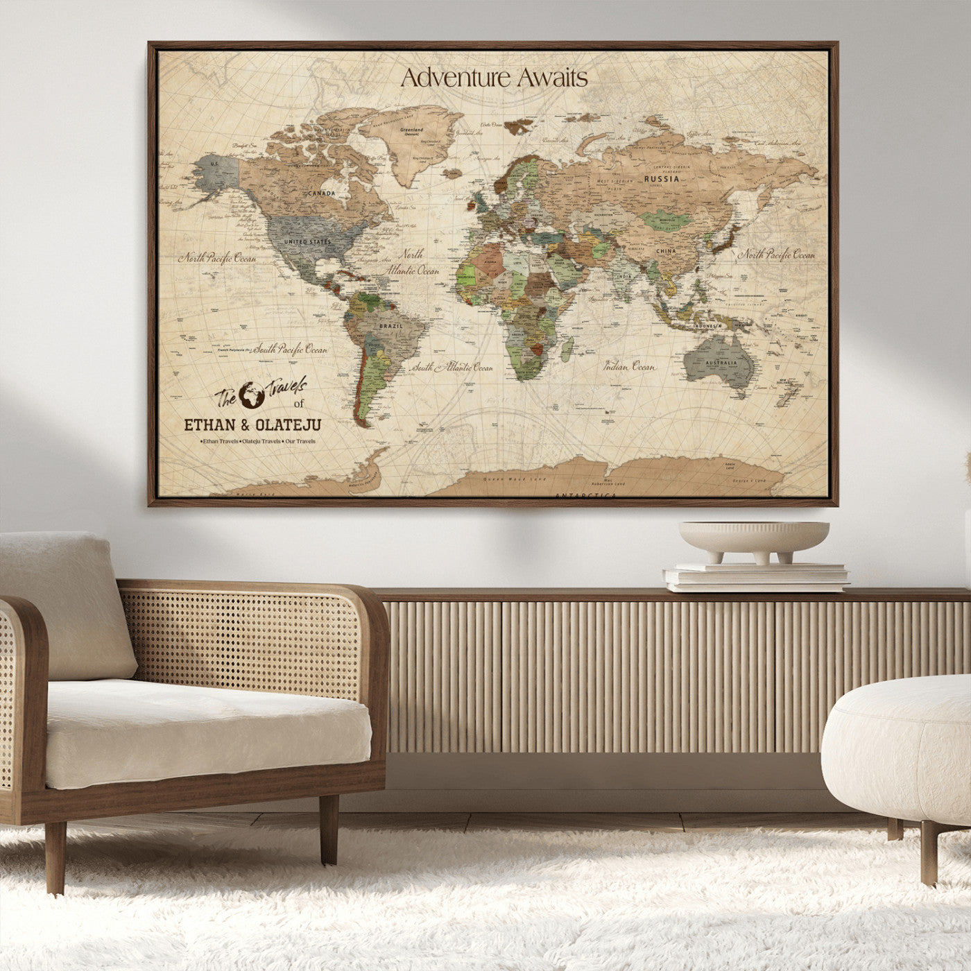 62766900-MGV-CV-36X24-Personalized World Map Wall Art – Antique Parchment Adventure Travel Map with Custom Couple Names, Rustic Wall Decor for Home,