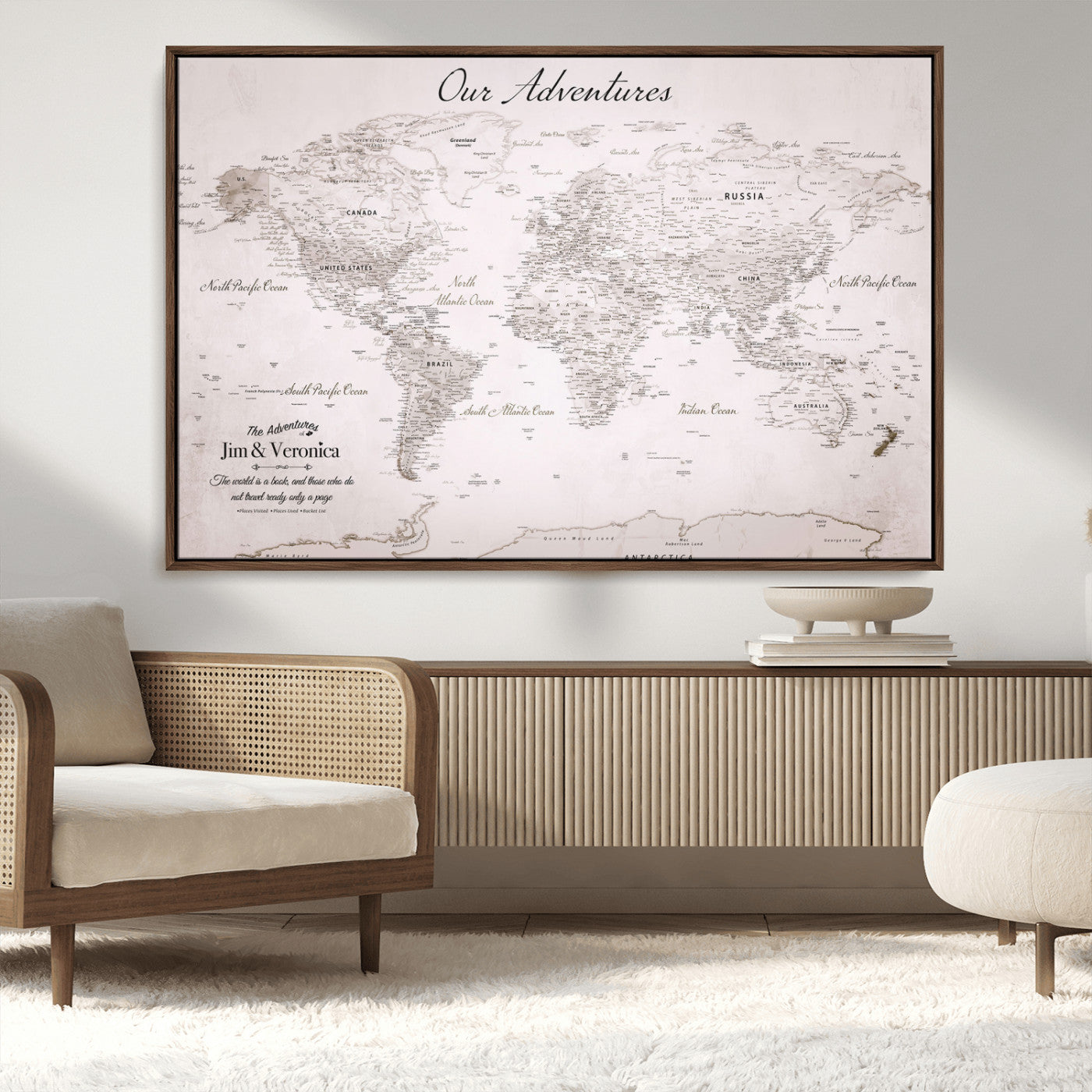 11706567-MGV-CV-36X24-Personalized World Map Wall Art – Minimalist Beige Adventure Travel Map with Custom Names, Elegant Push Pin Canvas for Couples,