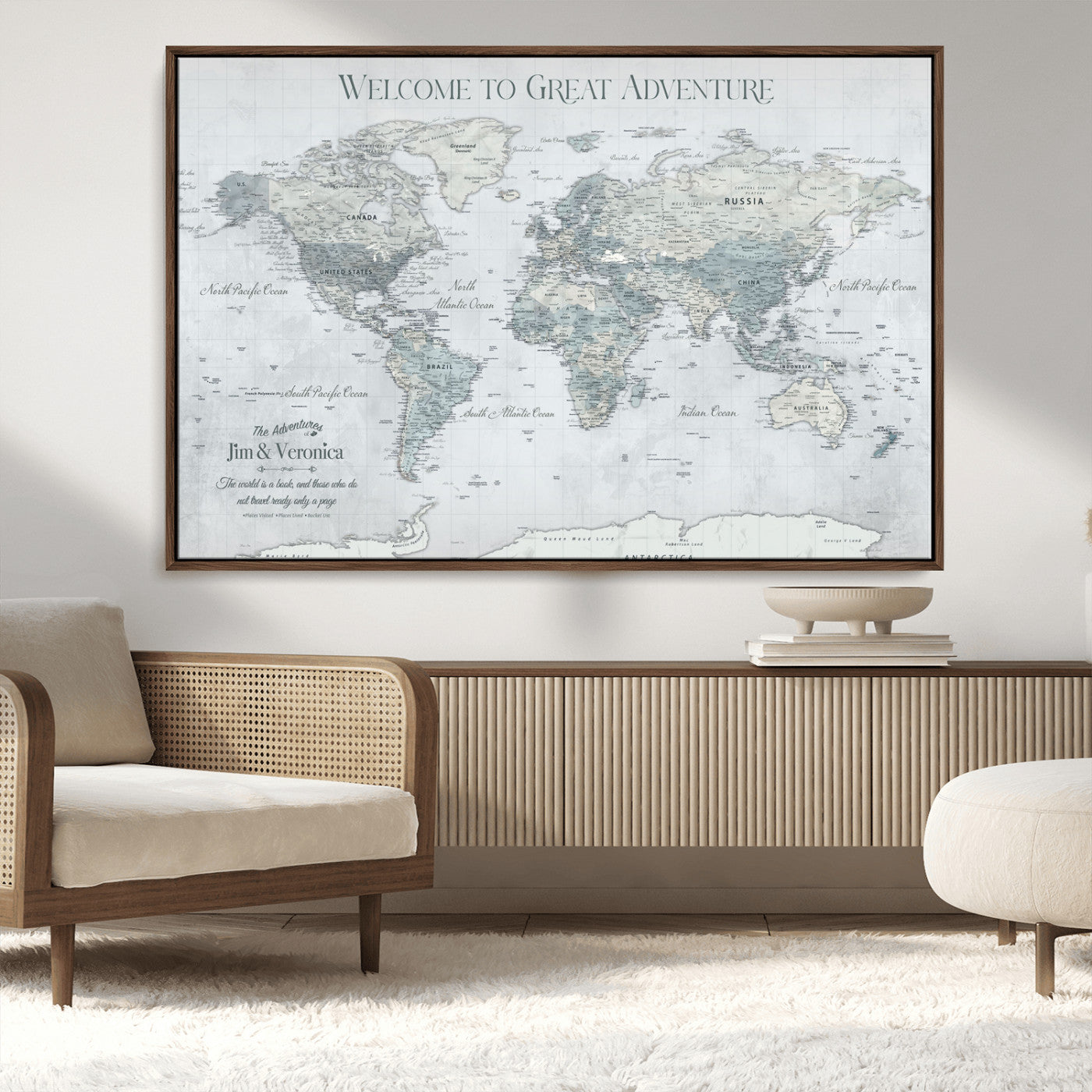 70605050-MGV-CV-36X24-Personalized World Map Wall Art – Cool Gray Adventure Travel Map with Custom Names, Elegant Push Pin Canvas for Couples, Family