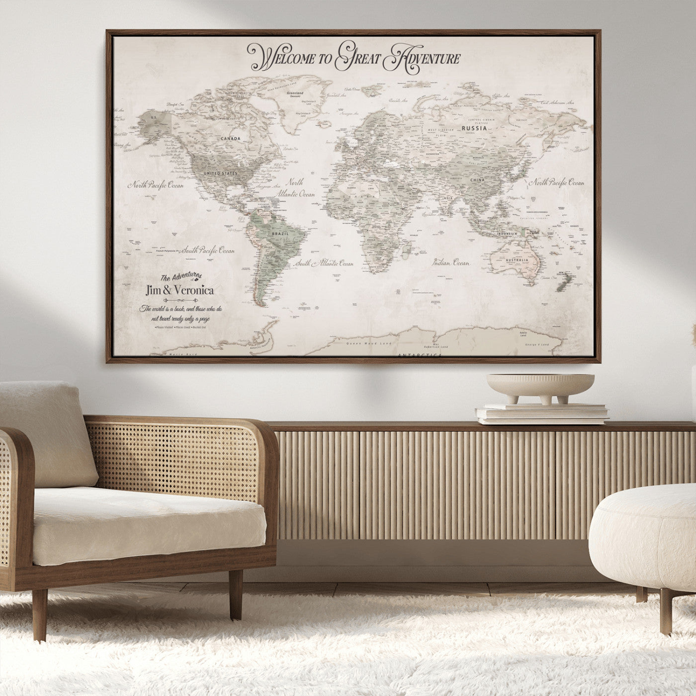93034948-MGV-CV-36X24-Personalized World Map Wall Art – Vintage Beige Adventure Travel Map with Custom Names, Elegant Push Pin Canvas for Couples,