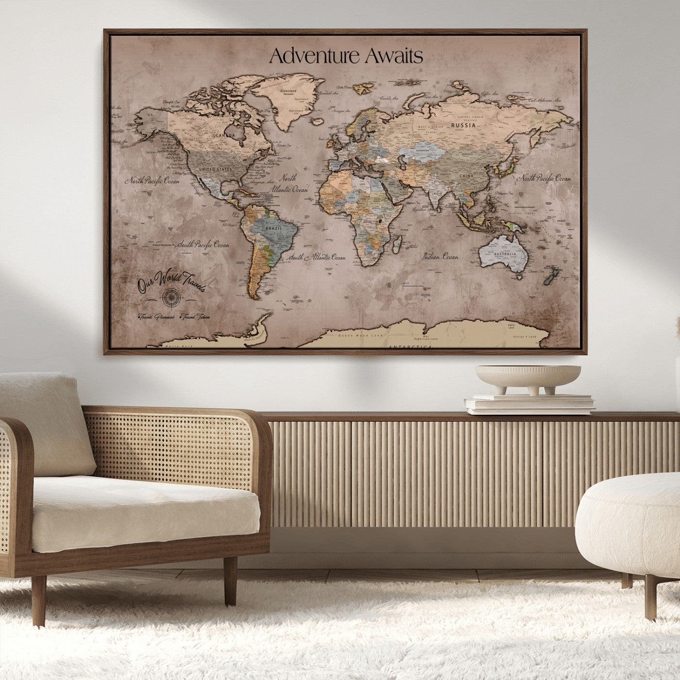 93226713-MGV-FC-36X24_Walnut-Personalized World Map Wall Art – Adventure Awaits Rustic Earth-Tone Travel Map with Custom Names, Vintage Wall Decor for Couples,