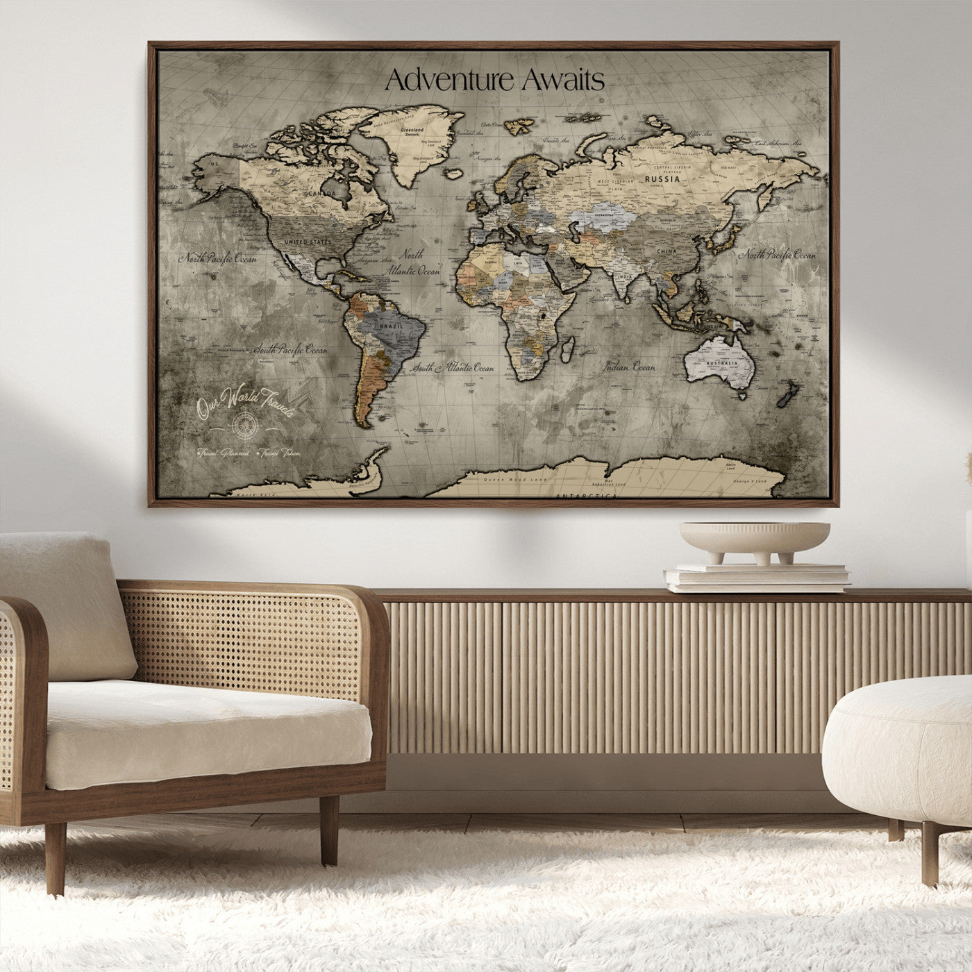 72658967-MGV-CV-36X24-Personalized World Map Wall Art – Adventure Awaits Rustic Sepia Travel Map with Custom Names, Vintage Wall Decor for Couples, Home
