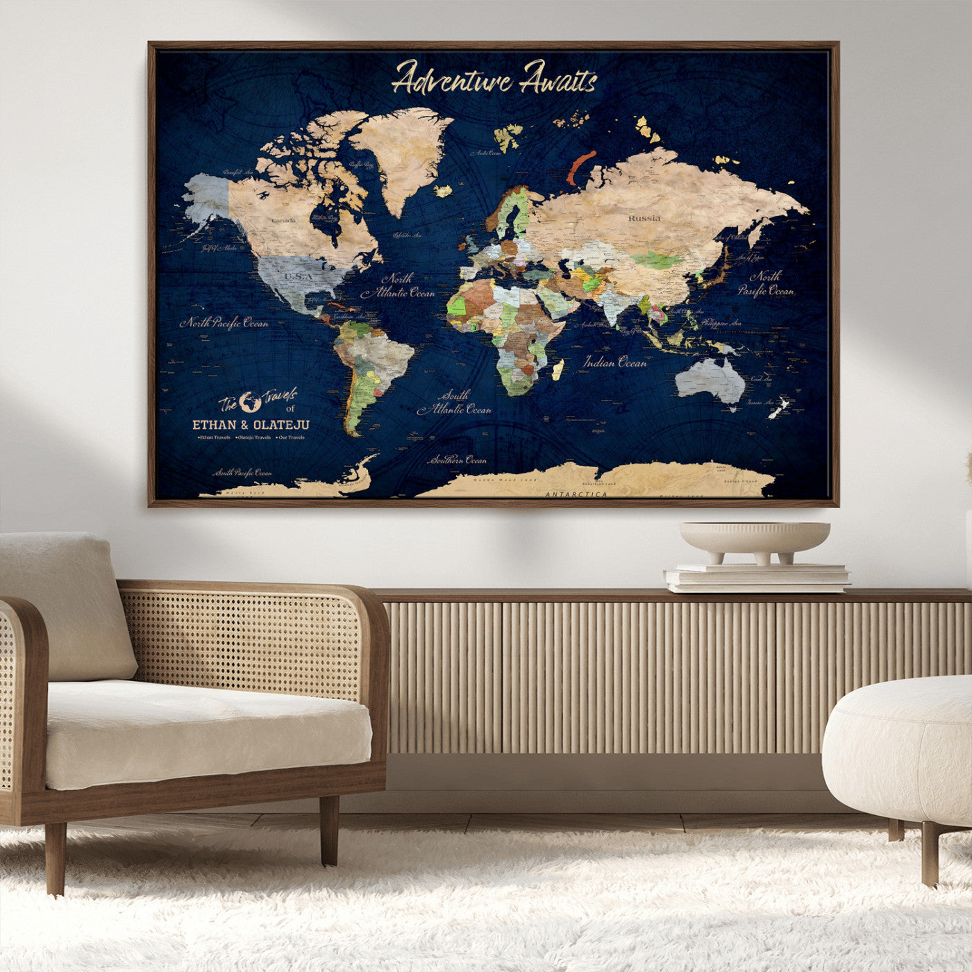 80965072-MGV-CV-36X24-Personalized World Map Wall Art – Adventure Awaits Navy Blue Travel Map with Custom Names, Rustic Vintage Wall Decor for Couples,