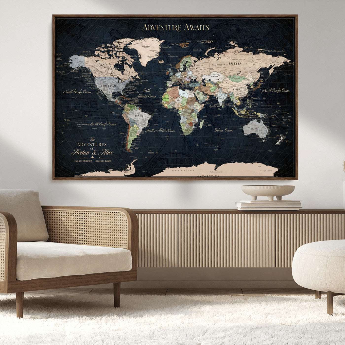 15547583-MGV-CV-36X24-Personalized World Map Wall Art – Rustic Navy Adventure Awaits Travel Map with Custom Couple Names, Vintage Wall Decor for Home or