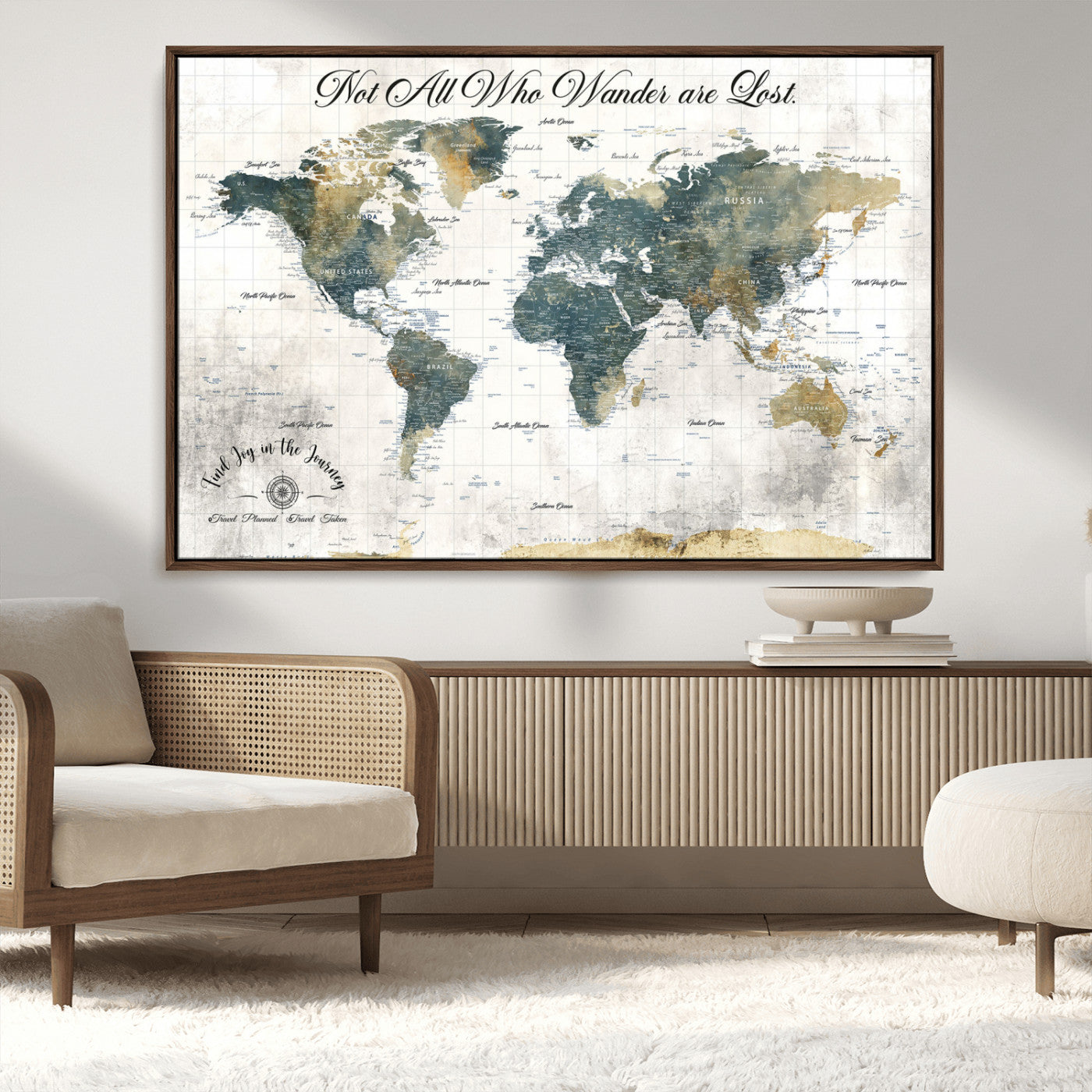 16233493-MGV-CV-36X24-Personalized World Map Wall Art – Rustic Blue Green Wanderlust Travel Map with Custom Couple Names, Vintage Wall Decor for Home