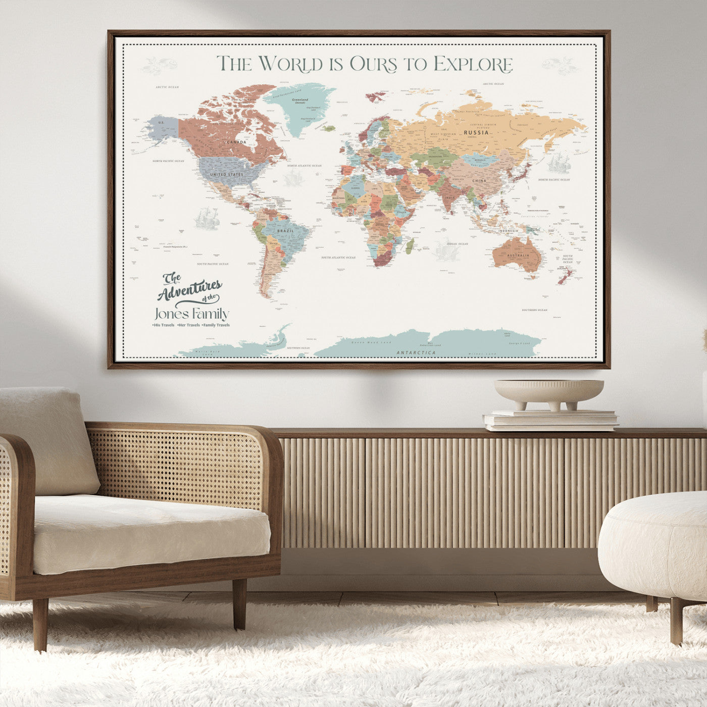 69180591-MGV-CV-36X24-Personalized World Map Wall Art – Rustic Vintage Adventure Travel Map with Custom Family Names, Unique Wall Decor for Couples,