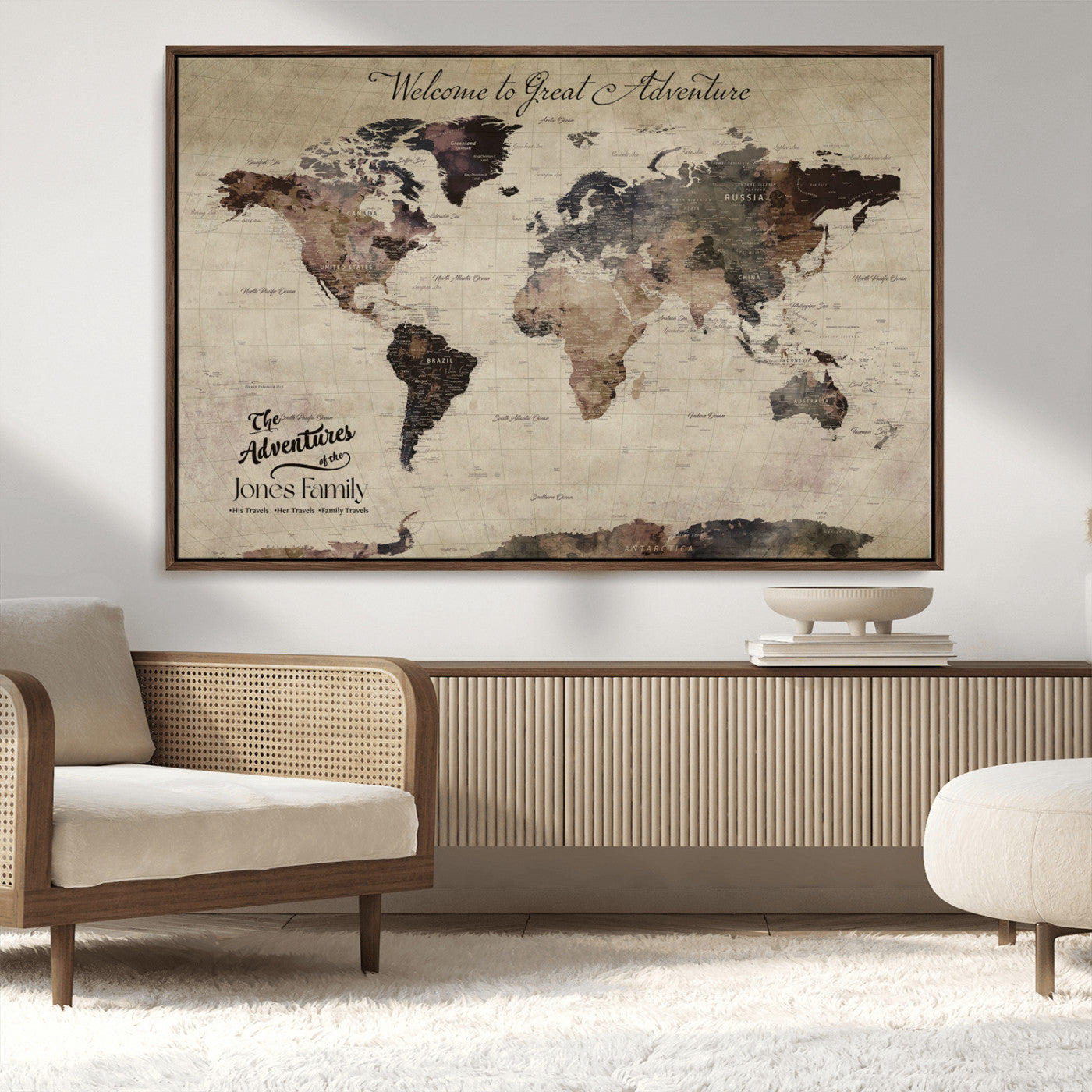 78610079-MGV-CV-36X24-Personalized World Map Wall Art – Vintage Rustic Travel Map with Custom Family Name, Adventure Wall Decor for Home, Family Gift or