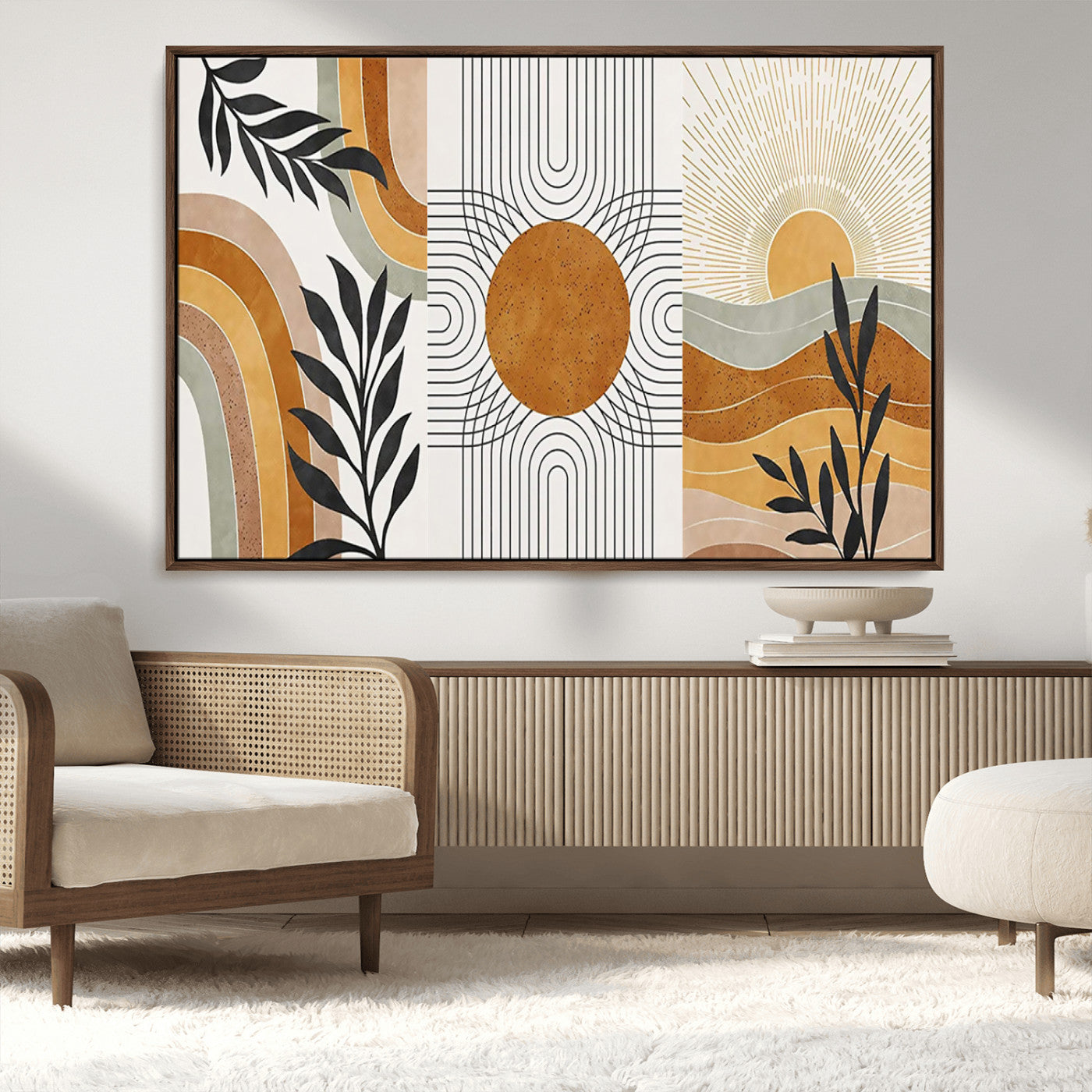 32359-MGV-FC-36X24_Walnut-Modern Sun Wall Art Canvas Print, Framed Retro Horizon Art Picture Print, Sunburst Design Perfect Mid Century Boho Decor Artwork
