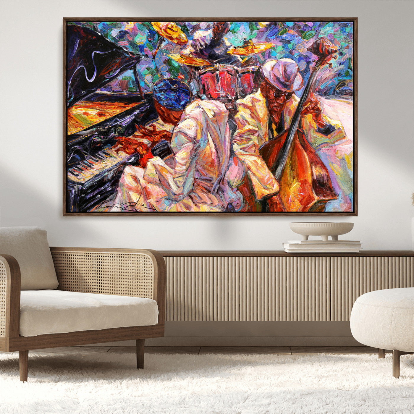 13675-MGV-CV-36X24-Jazz Band Wall Art Canvas Print, Framed Jazz Oil Painting Art Picture Print, Vibrant Music Perfect Abstract Musical Decor Artwork