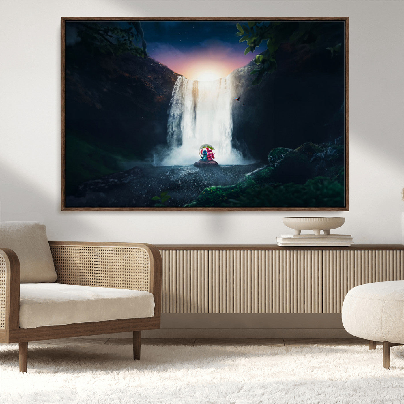 56359-MGV-FC-36X24_Walnut-Lilo Stitch Wall Art Canvas Print, Framed Stitch Angel Art Picture Print, Cartoon Waterfall Perfect Tropical Fantasy Decor Artwork