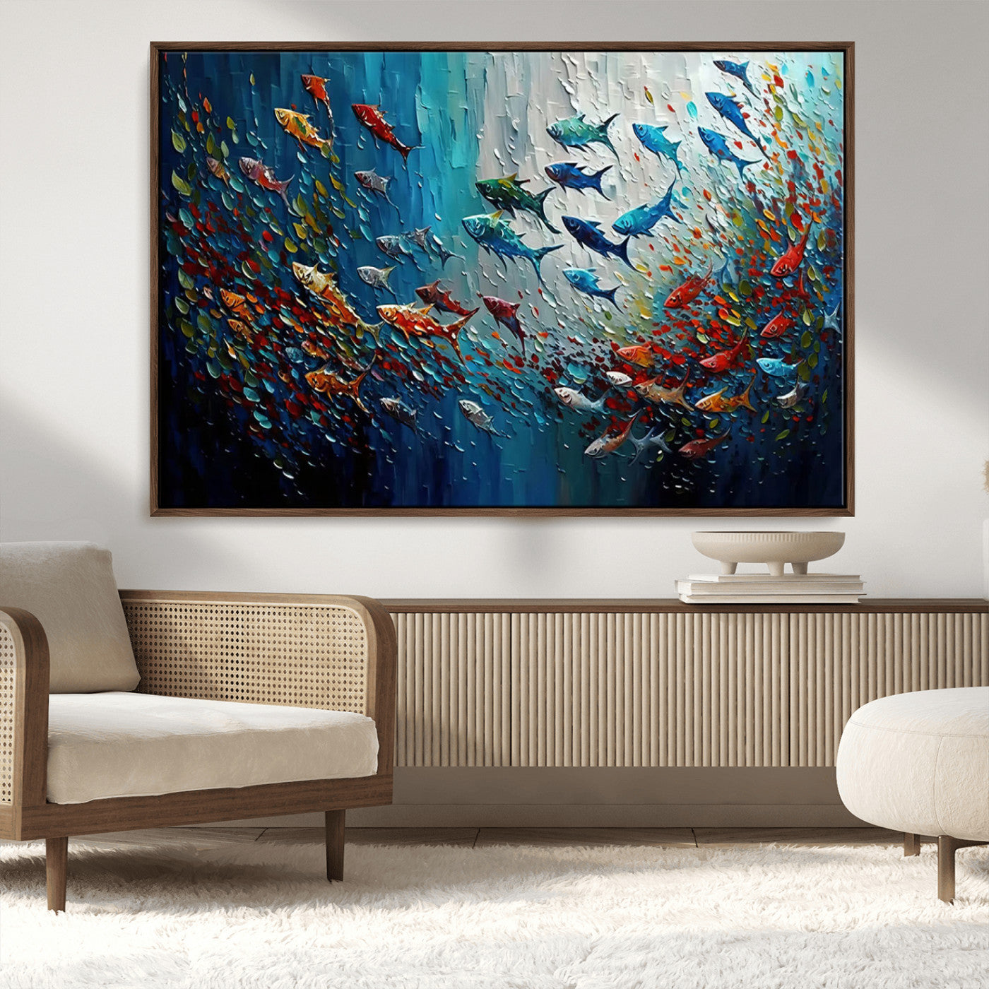 89626-MGV-CV-36X24-Fish Swarm Wall Art Canvas Print, Framed Abstract Ocean Art Picture Print, Underwater Life Perfect Vibrant Coastal Decor Artwork