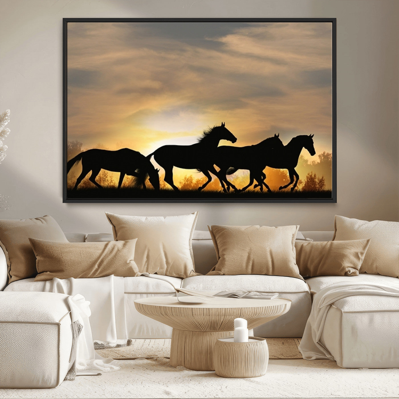16620-MGV-CV-36X24-Sunset Stallions Wall Art – Silhouetted Horses Running Canvas Print, Nature’s Rhythm, Perfect for Living Room, Office, or Man Cave