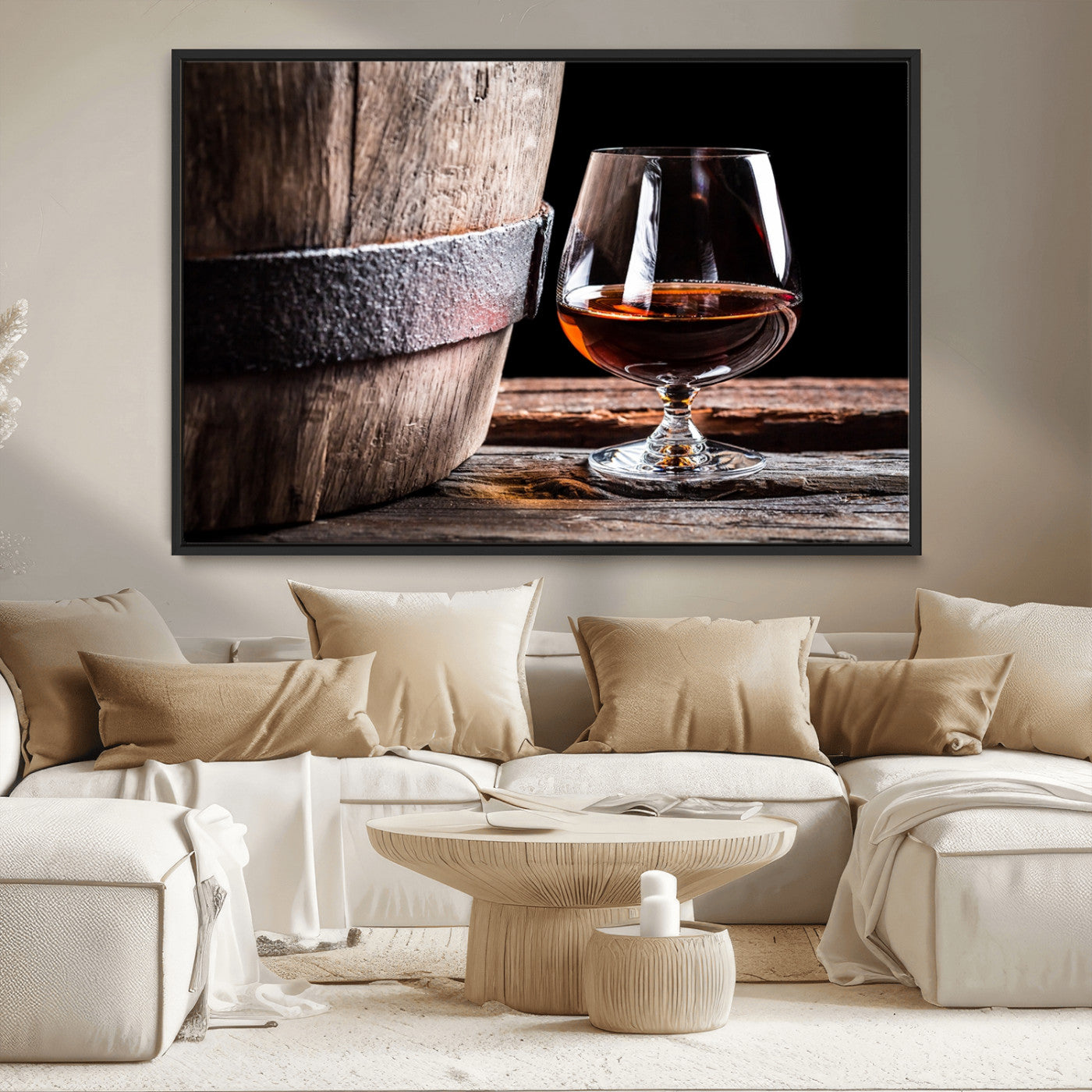 50839-MGV-CV-36X24-Barrel & Brandy Wall Art – Rustic Whiskey Barrel and Brandy Glass Canvas Print, Elegant Home Bar or Lounge Decor for Office, Man