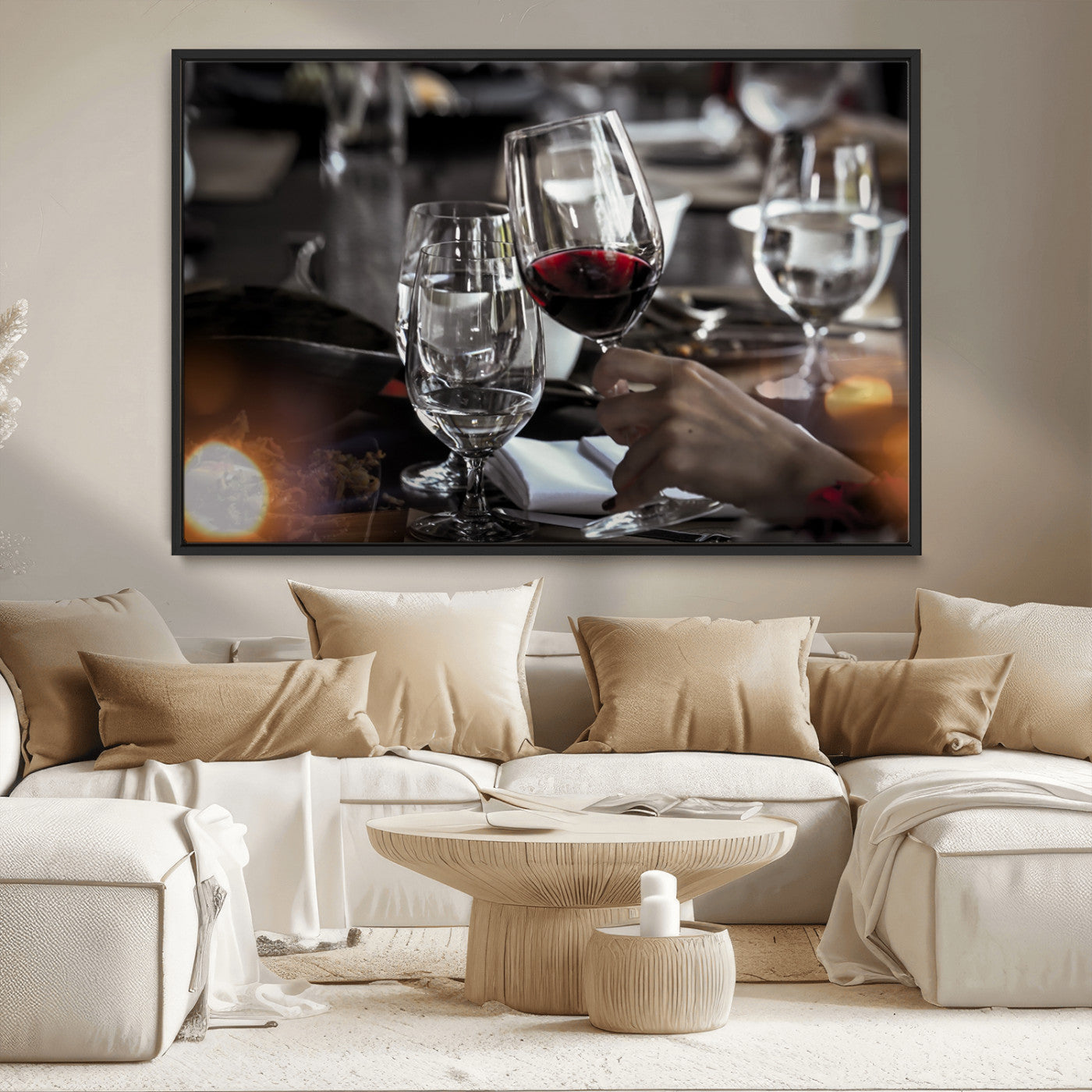 75513-MGV-CV-36X24-Elegant Wine Toast Wall Art – Close-Up Red Wine Glass at Dinner Table Canvas Print, Sophisticated Dining Room or Bar Decor