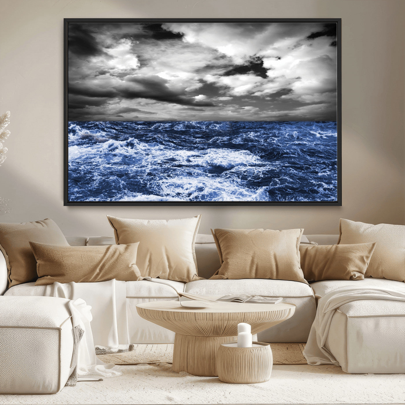 36012-MGV-CV-36X24-Dramatic Stormy Ocean Waves Black and White with Deep Blue Highlights – Moody Seascape Wall Art, Nature Photography Print for Home