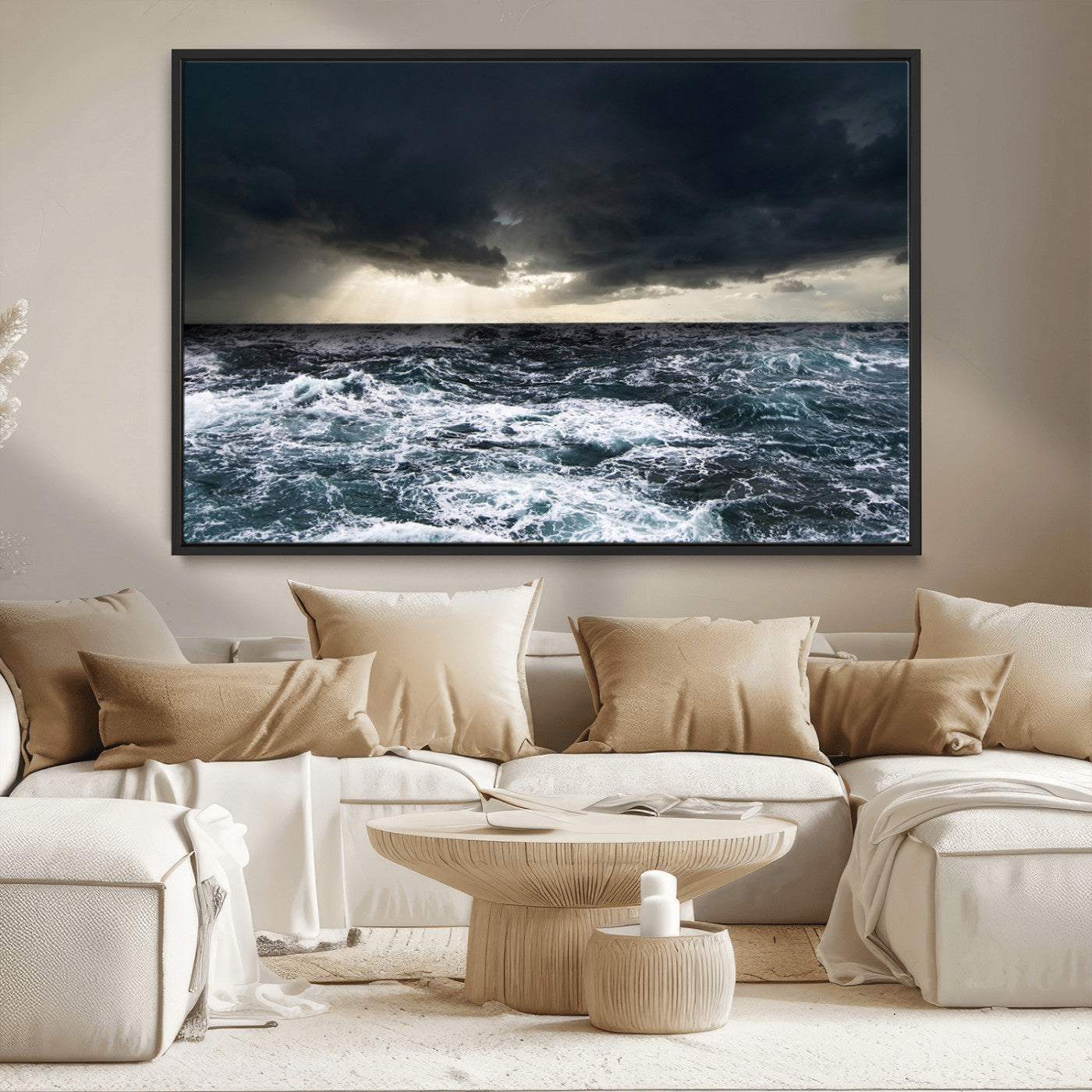 42607-MGV-CV-36X24-Stormy Ocean Wall Art – Dramatic Sea and Sky Canvas Print with Sun Rays, Moody Nature Decor for Living Room, Office, Bedroom or