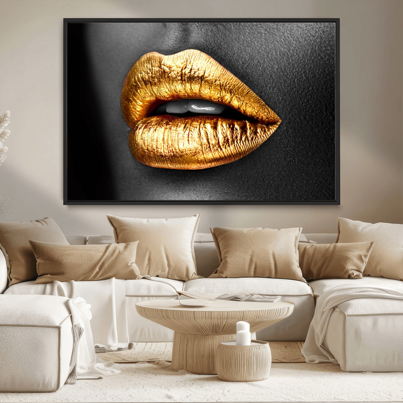 84747-MGV-CV-36X24-Golden Lips Black & White Portrait – Glamorous Metallic Lip Art Print, Modern Wall Decor for Bedroom, Beauty & Fashion Lover Gift