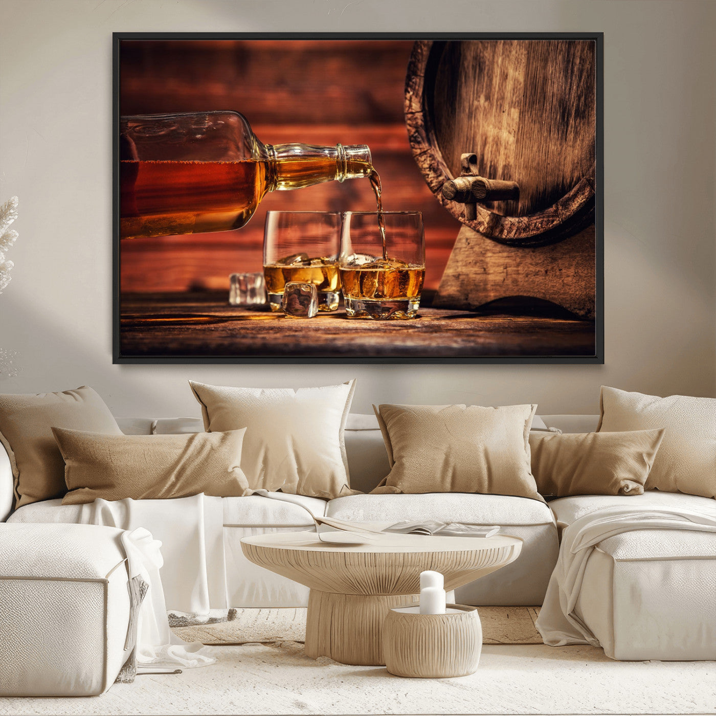 21266-MGV-CV-36X24-Pouring Whiskey into Glasses with Ice – Rustic Wooden Barrel Background, Warm Ambient Lighting, Ideal Decor for Home or Office
