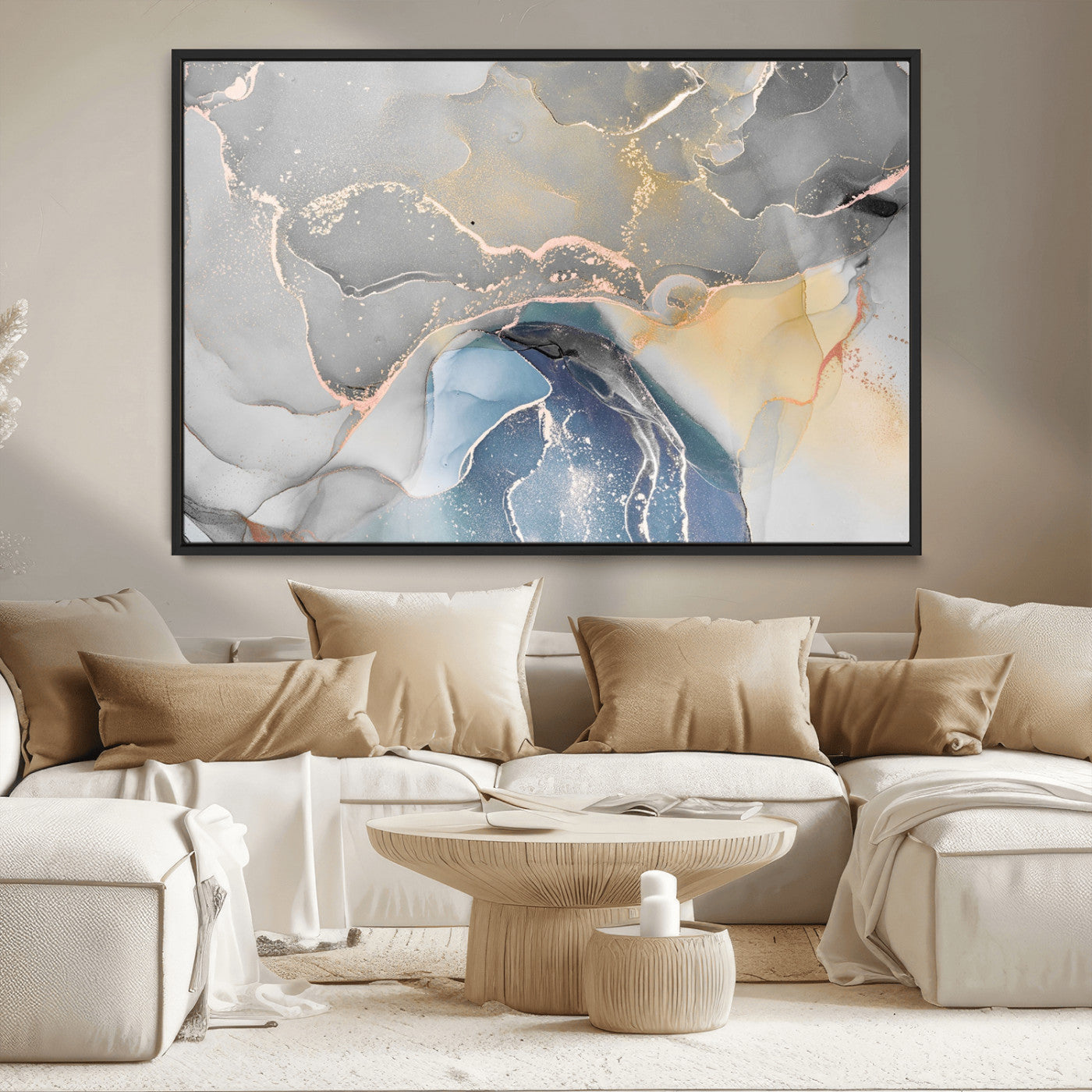 63211-MGV-CV-36X24-Abstract Fluid Art Wall Decor – Blue, Gray & Gold Canvas Print, Modern Home and Office Wall Art Decor for Living Room, Bedroom or