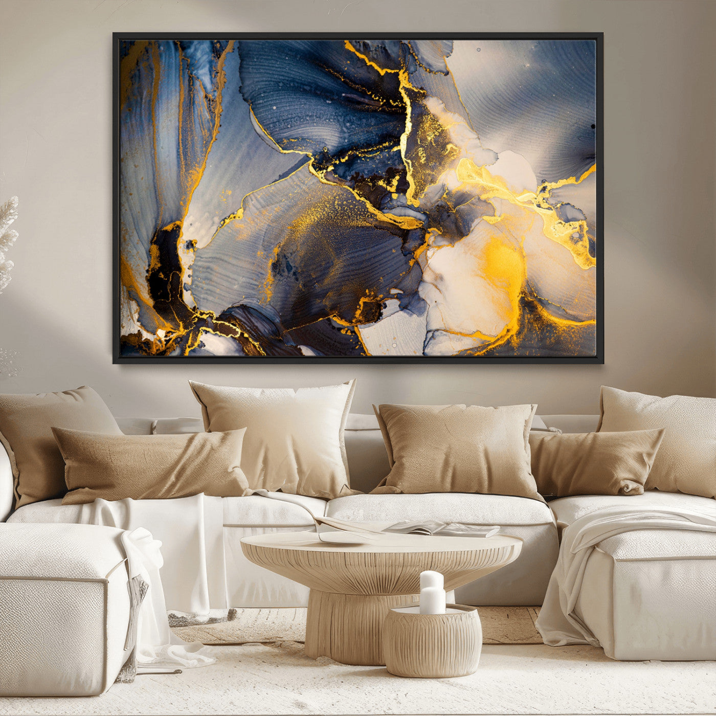 42100-MGV-CV-36X24-Golden Flow Abstract Wall Art – Panoramic Modern Blue and Gold Canvas Print, Contemporary Artistic Decor for Home, Office