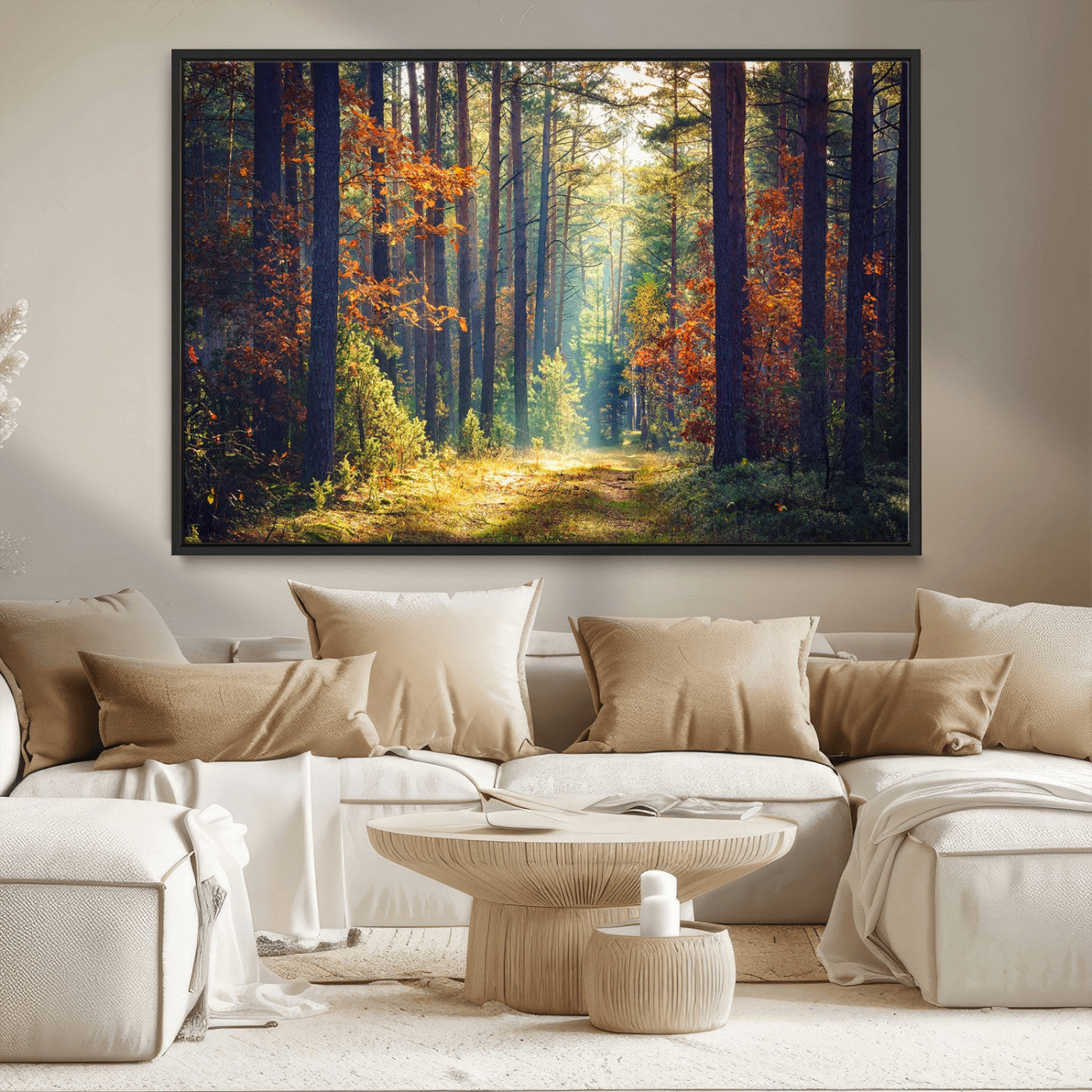 86249-MGV-CV-36X24-Sunlit Autumn Forest Path Wall Art – Peaceful Nature Scene with Fall Foliage, Calming Woods Decor for Home or Office