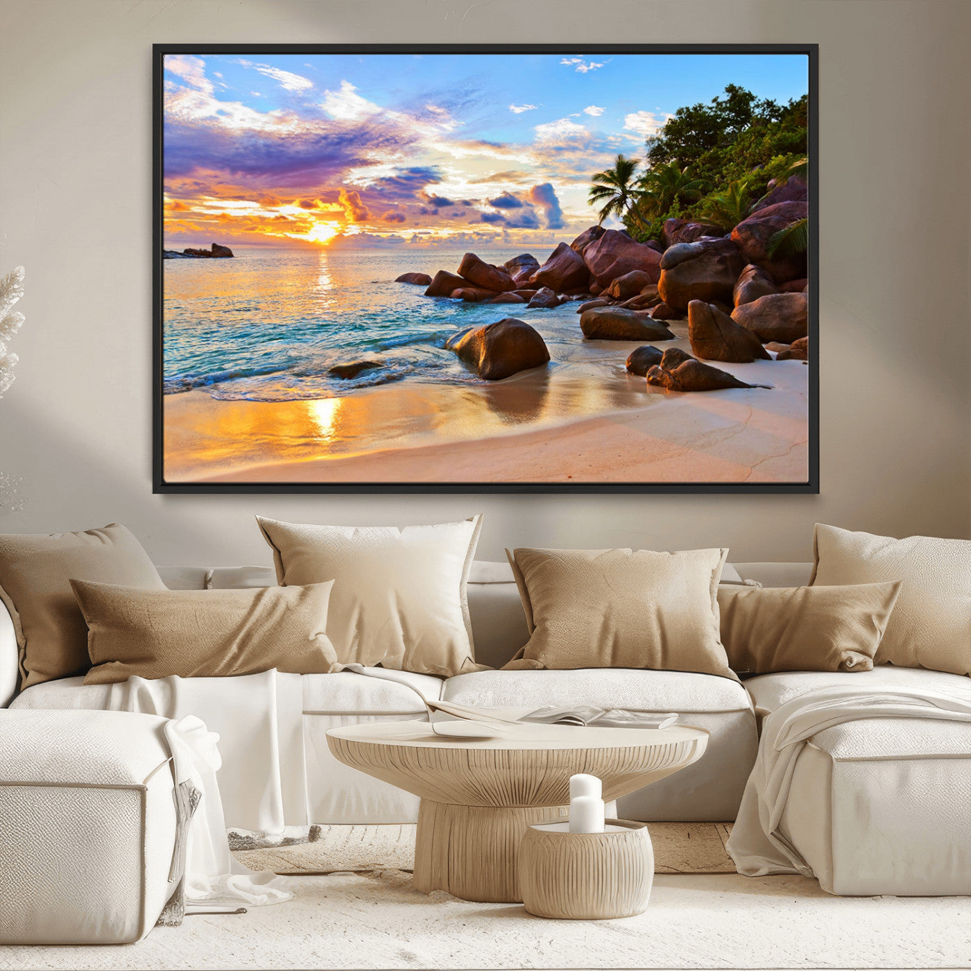 43209-MGV-CV-36X24-Tropical Beach Sunset Wall Art – Golden Ocean Waves and Palm Trees with Rocky Shore Canvas Print, Coastal Seascape Decor for