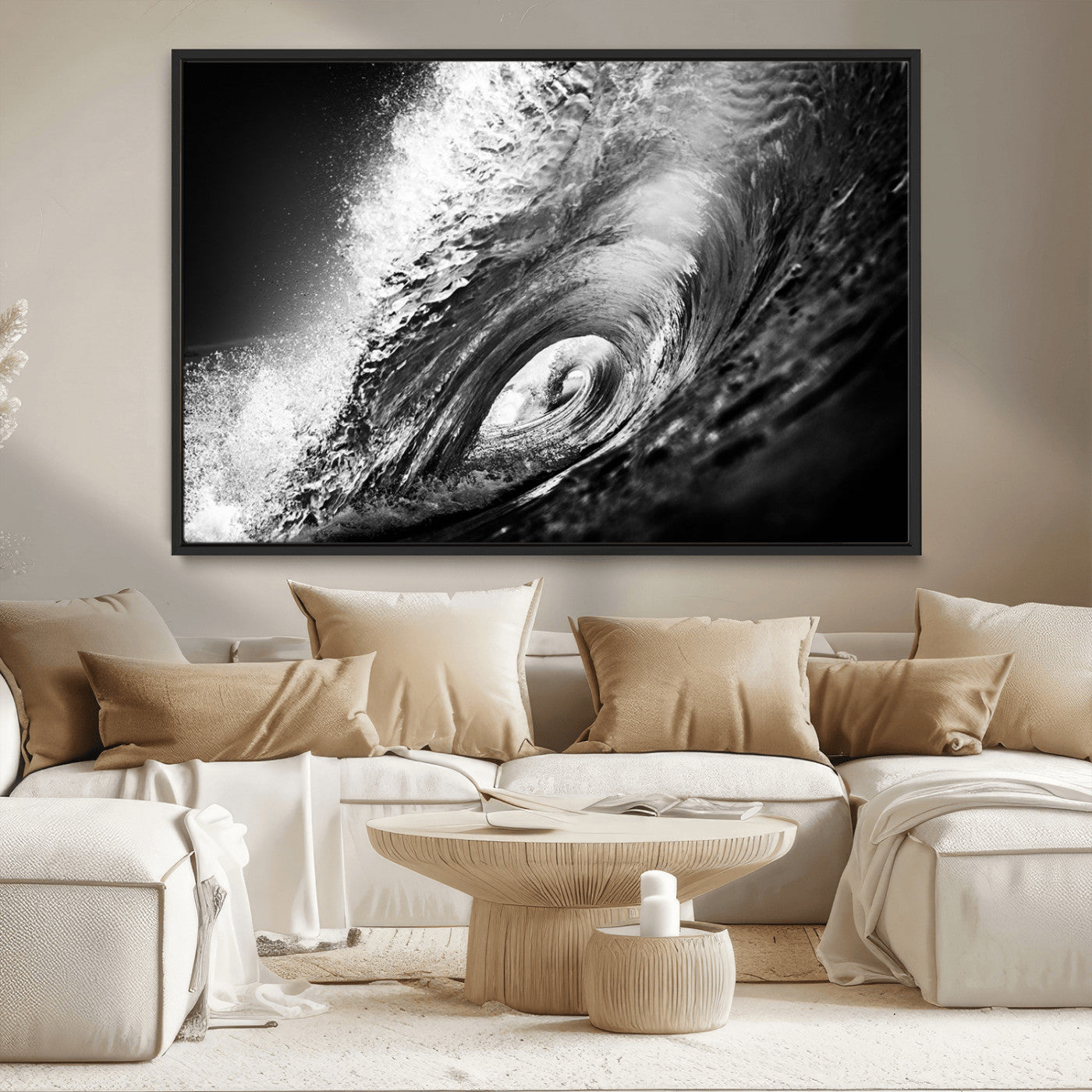 22702-MGV-CV-36X24-Black and White Ocean Wave Wall Art – Powerful Surf Curl Photography Canvas Print, Modern Coastal Decor for Living Room, Office or
