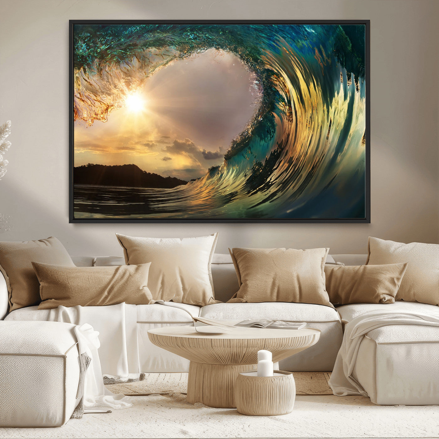 38256-MGV-CV-36X24-Ocean Wave Wall Art – Stunning Sunrise Through Curling Wave Canvas Print, Coastal Surf Photography Seascape Decor for Living Room,