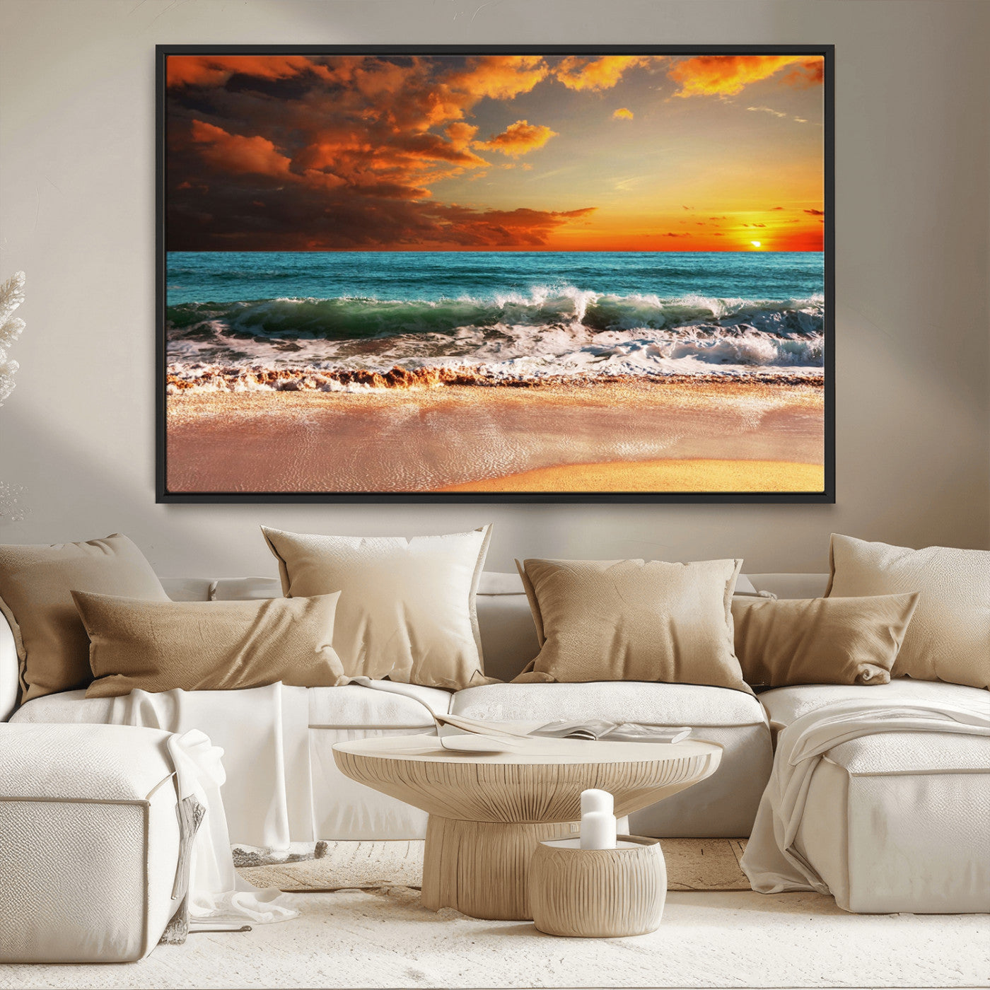 72948-MGV-CV-36X24-Ocean Sunset Wave Wall Art – Dramatic Seascape Canvas Print with Golden Sky and Crashing Waves, Coastal Beach Decor for Living
