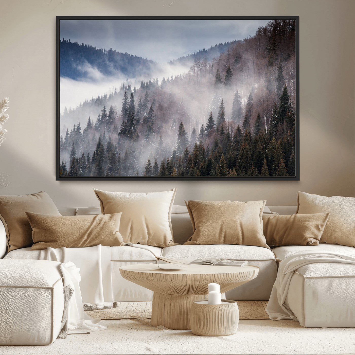 18459-MGV-CV-36X24-Misty Pine Forest Wall Art – Serene Mountain Landscape Canvas Print, Tranquil Nature Artwork for Living Room, Bedroom, Cabin or