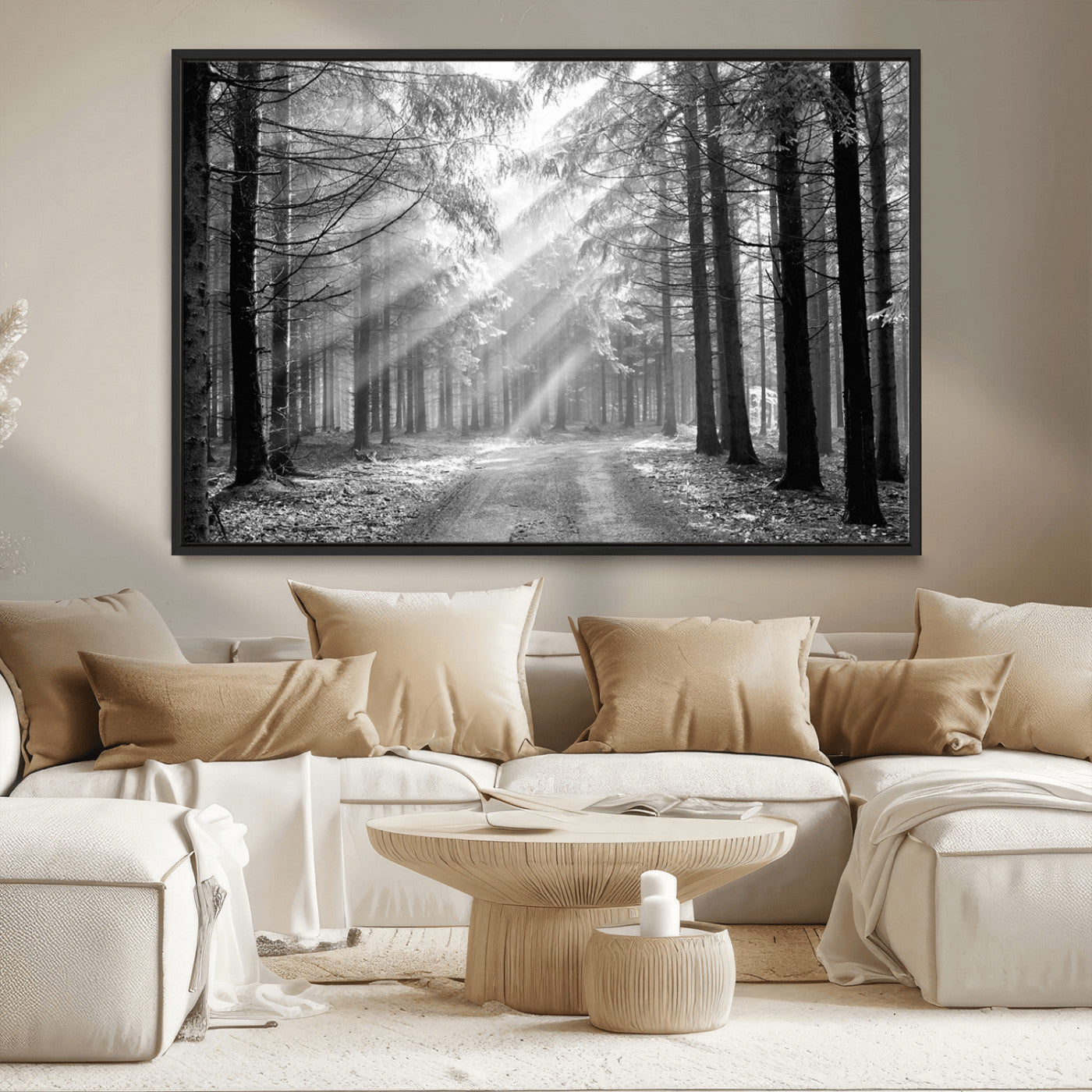 39665-MGV-CV-36X24-Black and White Forest Path Wall Art – Sunlight Rays in Trees Canvas Print, Nature Landscape Decor for Living Room