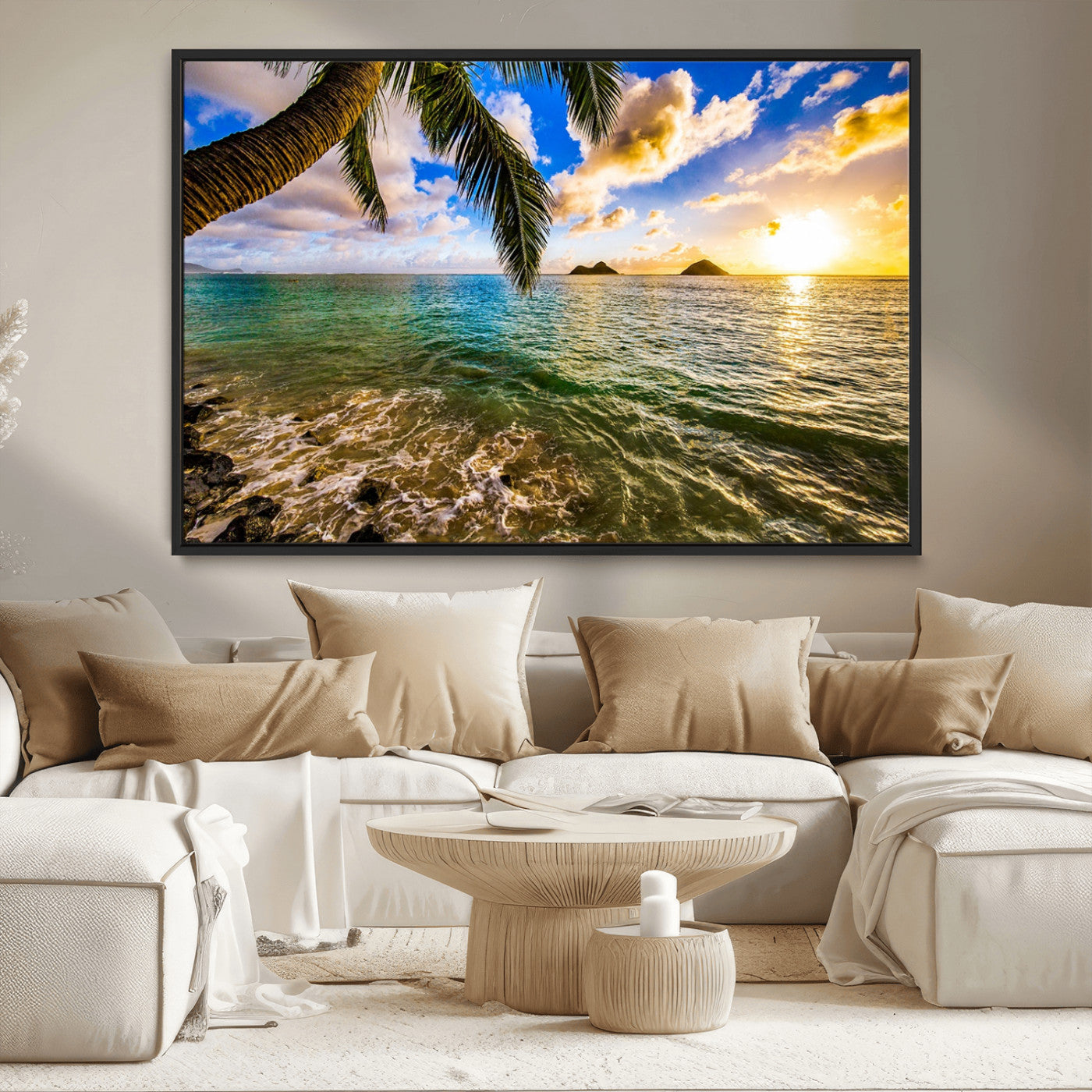 68606-MGV-CV-36X24-Tropical Palm Tree Ocean Wall Art – Sunset Beach Seascape Print, Coastal Paradise Decor for Living Room or Office