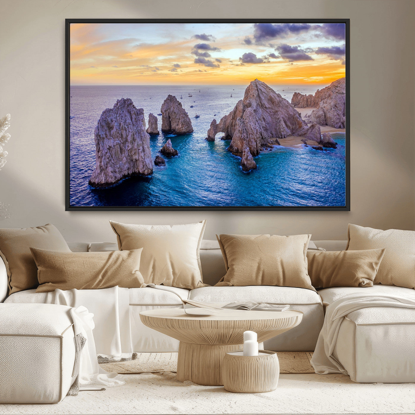 72955-MGV-CV-36X24-Ocean Rock Formation Wall Art – Sunset Coastal Seascape Print, Beach Landscape Decor for Living Room or Office