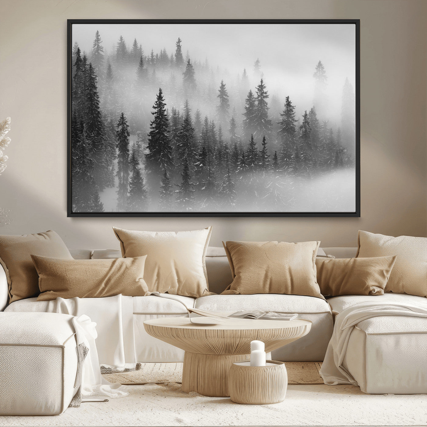 57235-MGV-CV-36X24-Misty Pine Forest Wall Art – Black and White Mountain Landscape Canvas Print, Nature Woodland Decor for Living Room, Bedroom or