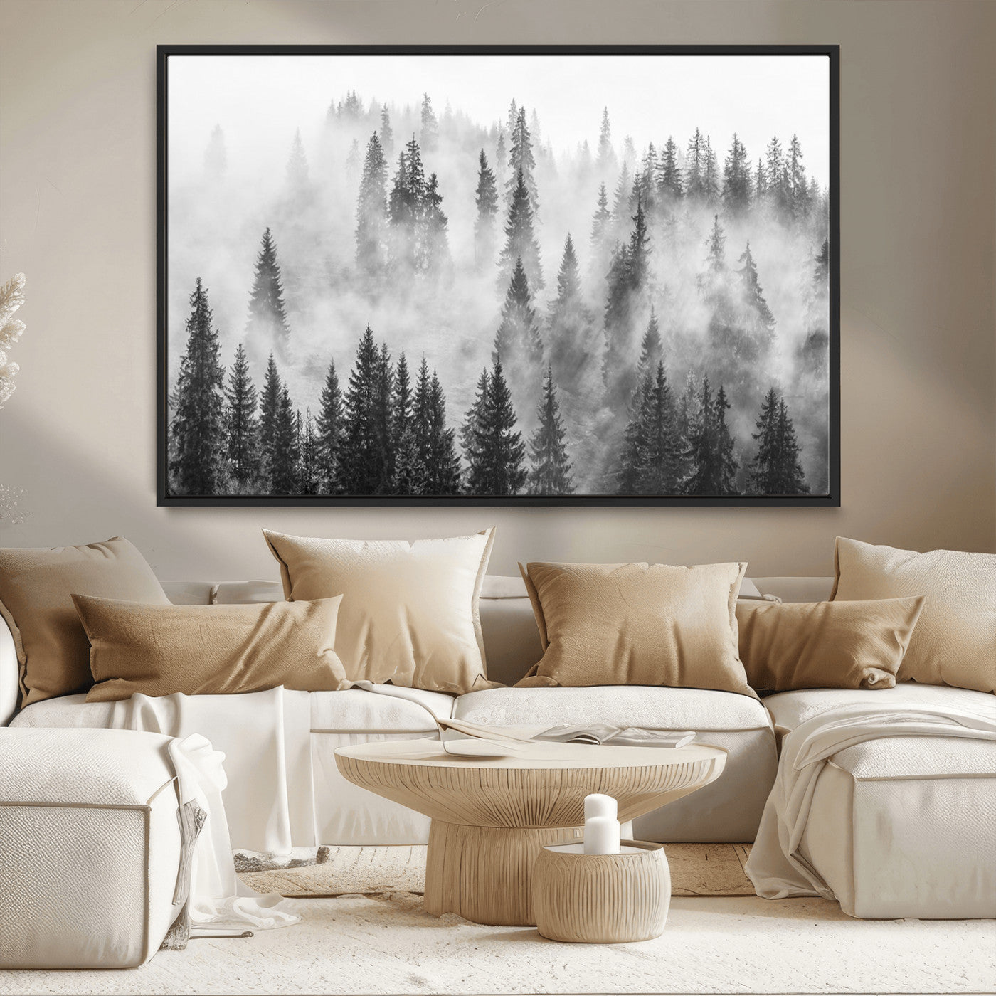 10422-MGV-FC-36X24_Black-Misty Pine Forest Wall Art – Black and White Foggy Landscape Canvas Print, Serene Nature Woodland Decor for Bedroom, Office or