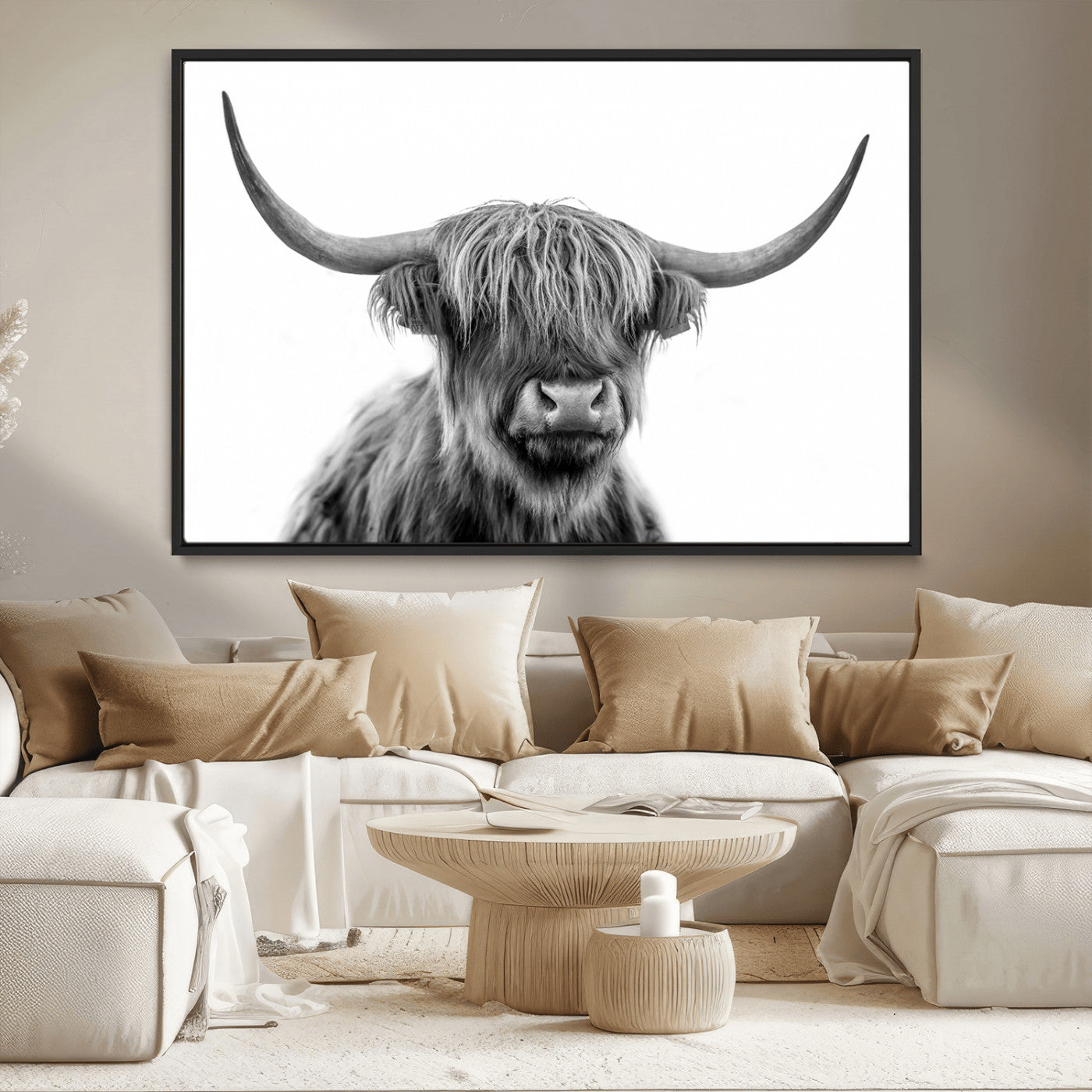 10123-MGV-CV-36X24-Black and White Highland Cow Wall Art – Modern Farmhouse Animal Print, Rustic Scottish Bull Canvas Decor for Living Room, Bedroom,