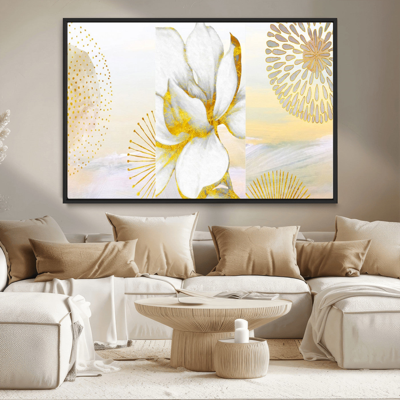 82301-MGV-CV-36X24-Modern Floral Wall Art – White Flower with Gold Detailing Canvas Print, Elegant Abstract Artwork for Living Room, Bedroom, or