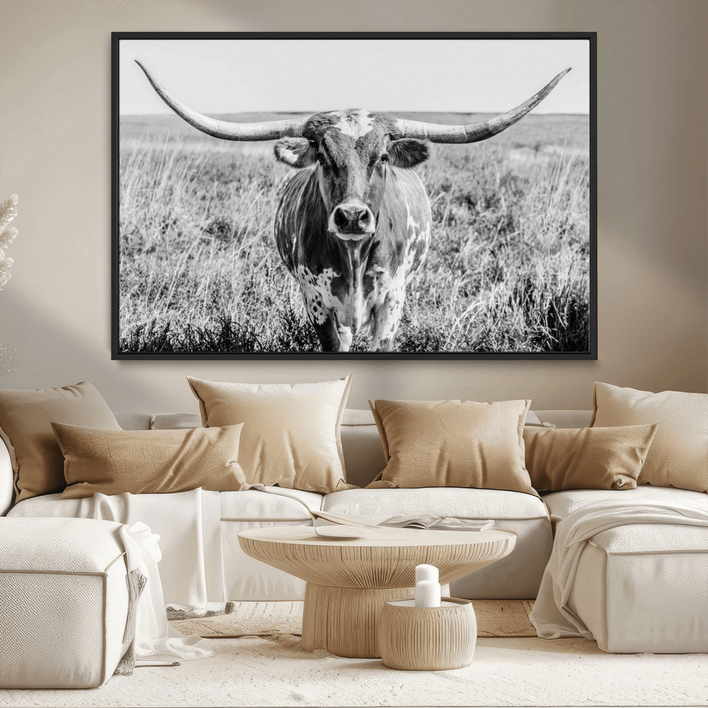 77320-MGV-CV-36X24-Texas Longhorn Wall Art – Black and White Western Cattle Canvas Print, Rustic Farmhouse Animal Photography Decor for Living Room,